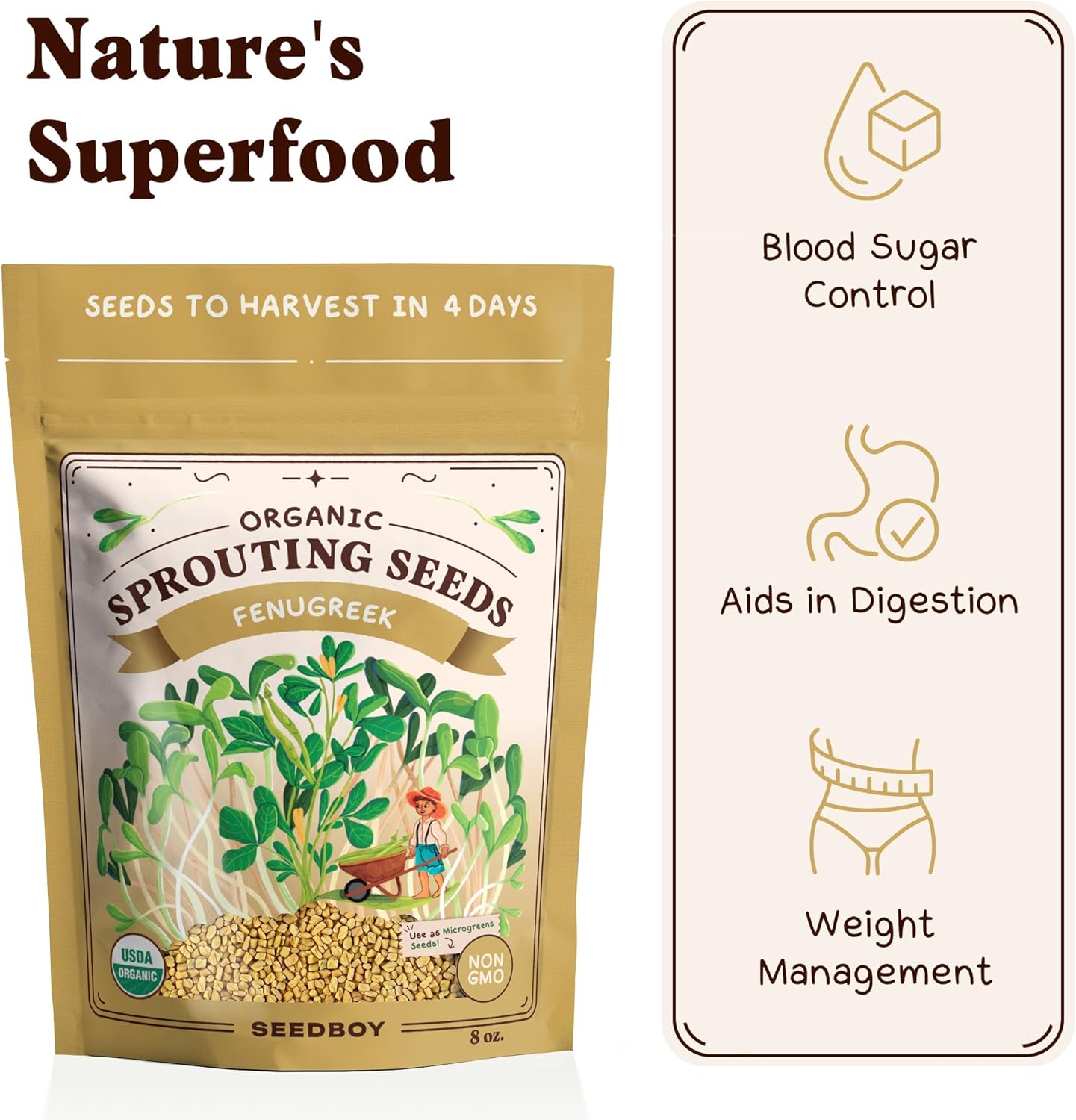 Seedboy Organic Fenugreek Seeds for Sprouting - Non-GMO, USDA Organic Microgreens Sprouting Seeds Mix - Makes 8 Quarts of Sprouts, 24 Servings (8 oz) (Fenugreek)