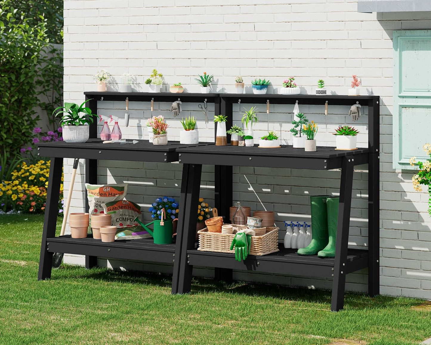 SERWALL Potting Bench Outdoor with Storage Set of 2, 3-Tier HDPE Gardening Table with Angled Legs & Tool Hooks, All-Weather Heavy Duty Potting Table for Patio, Backyard, Garden, Black