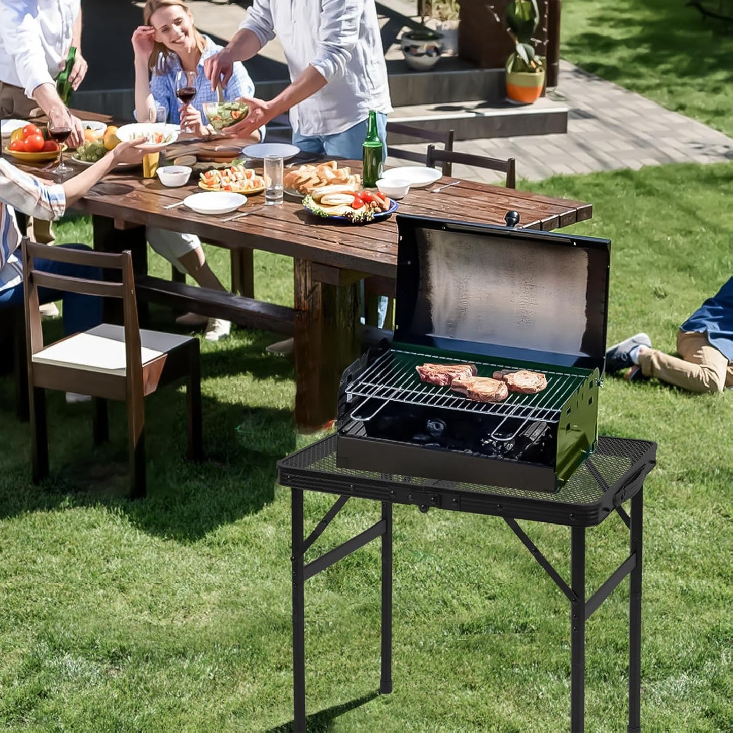 Camping Portable Folding Grill 2x1.3 FT Table, Lightweight Height Adjustable Metal Picnic Outdoor Table with Mesh Desktop and Mesh Bag, Picnic, Beach and BBQ, Party