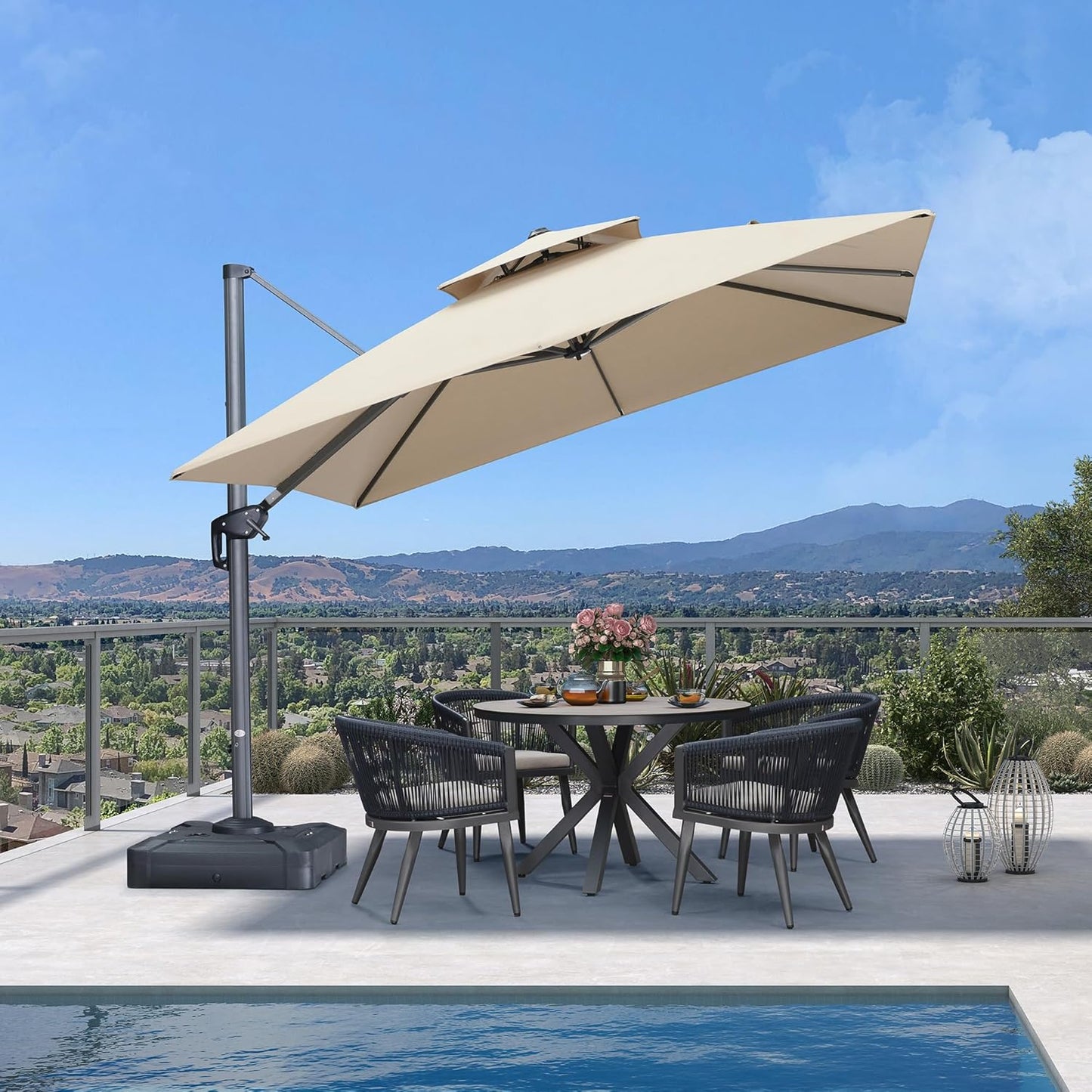 PURPLE LEAF Cantilever Umbrella 10 Feet Outdoor Double Top Large Offset Hanging 360° Rotation Square Umbrella for Garden Patio Deck Pool Backyard Spectrum Sand