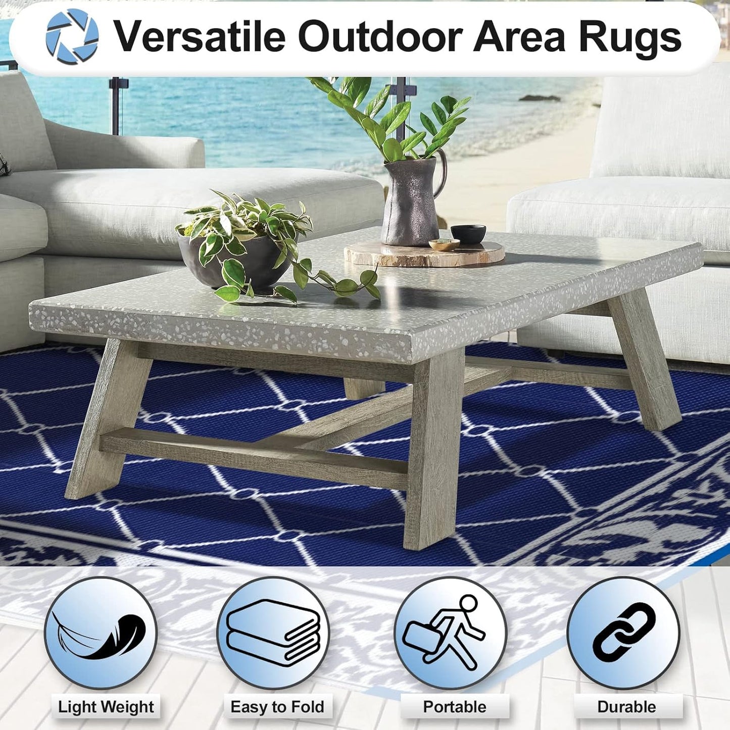 OutdoorLines Indoor Outdoor Rug for Patio 6x9 ft - Reversible Outside Carpet, Stain & UV Resistant Portable RV Mat, Plastic Straw Rug for Camping, Pool Deck, Porch Rhombus Navy & White
