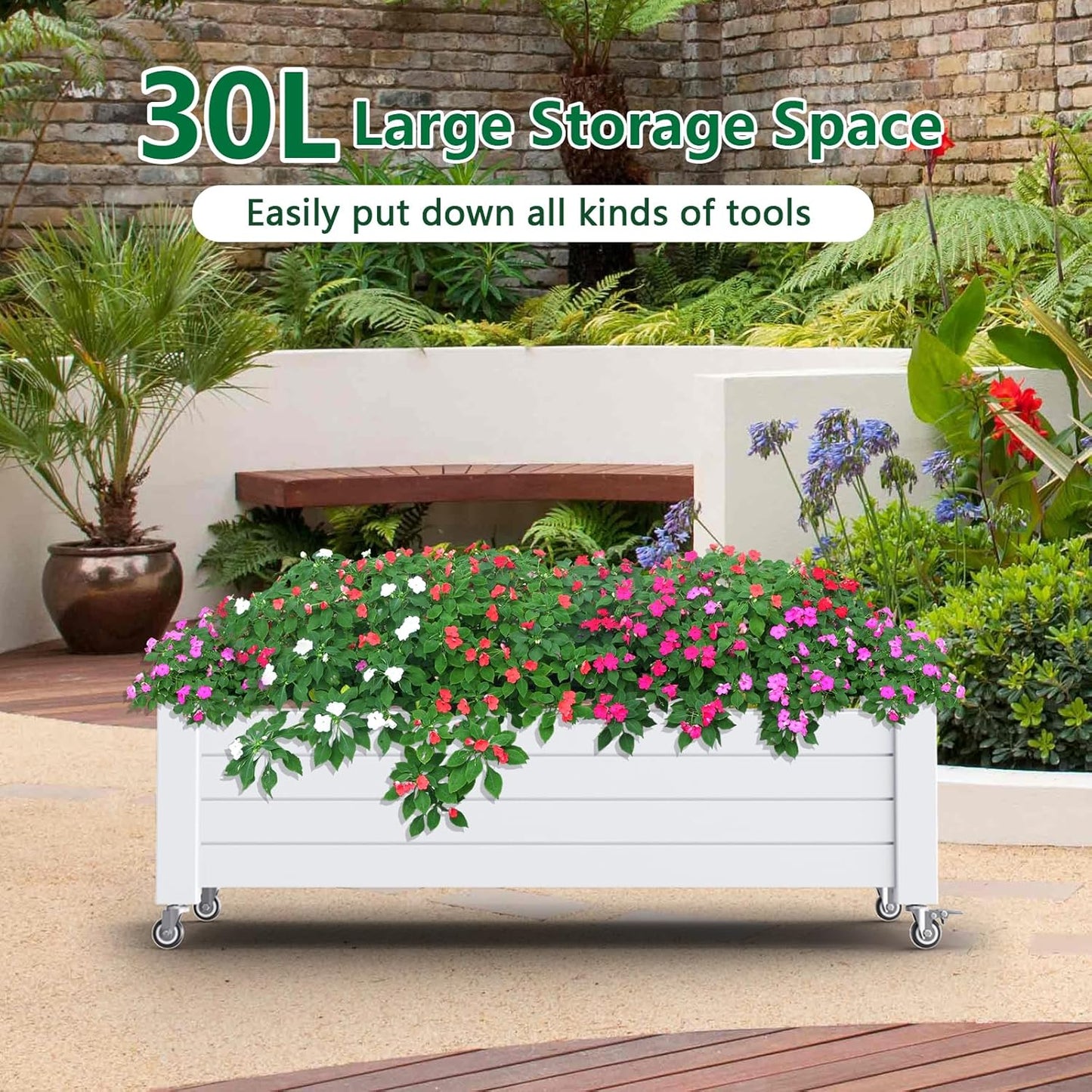 Horticulture Garden Bed, Divisible Resin Planter Box for Backyard, Patio, Balcony, with 4 Legs and 4 Swivel Lockable Wheels(Ashen,43.31 * 17.72 * 17.56)