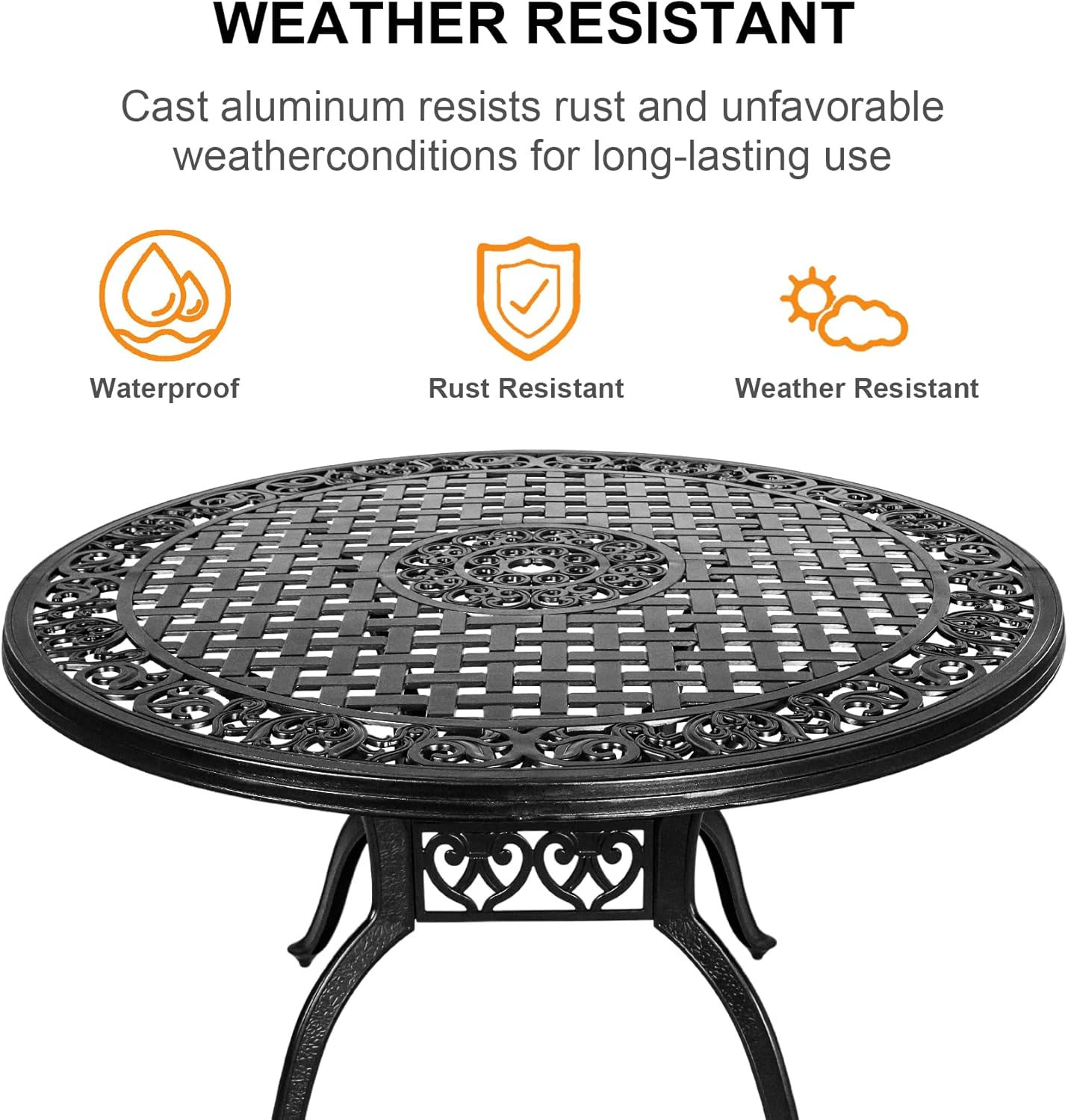 Cast Aluminum Patio Table,48" Round Patio Dining Table for 4-6 Person with Umbrella Hole,Metal Patio Table Outdoor Round Bistro Dining Table for Garden,Yard,Black