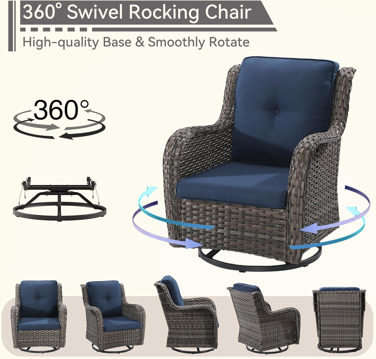 2 Pieces Outdoor Swivel Rocker Patio Chairs Set - Outdoor Wicker Patio Conversation Sets with 1 Side Table, Olefin Fabric Cushions Suitable for Backyard Deck and Porch, Blue