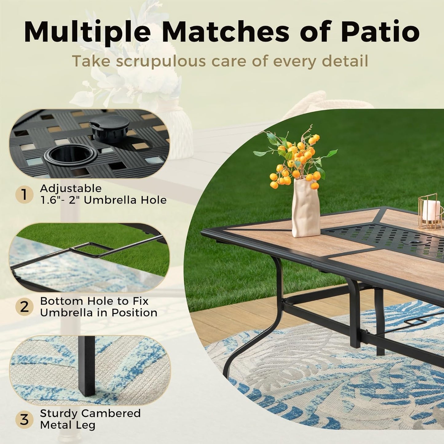 Outdoor Patio Dining Table for 6, 61" x 38" Rectangular Metal Patio Dining Table with Umbrella Hole for Garden, Backyard and Porch