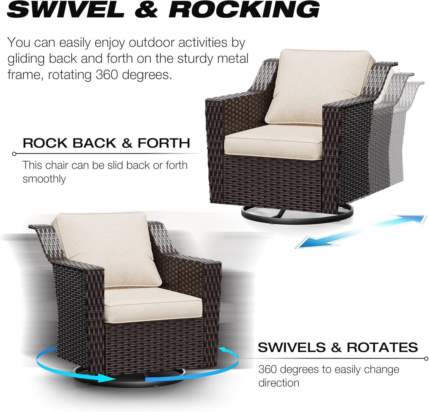 Joyside Wicker Patio Furniture Sets, 5 Pieces Upgraded Large Size Outdoor Furniture with Swivel Rocking Patio Chairs, Outdoor Ottoman and Side Table, Thick Cushions, Wide Armrest
