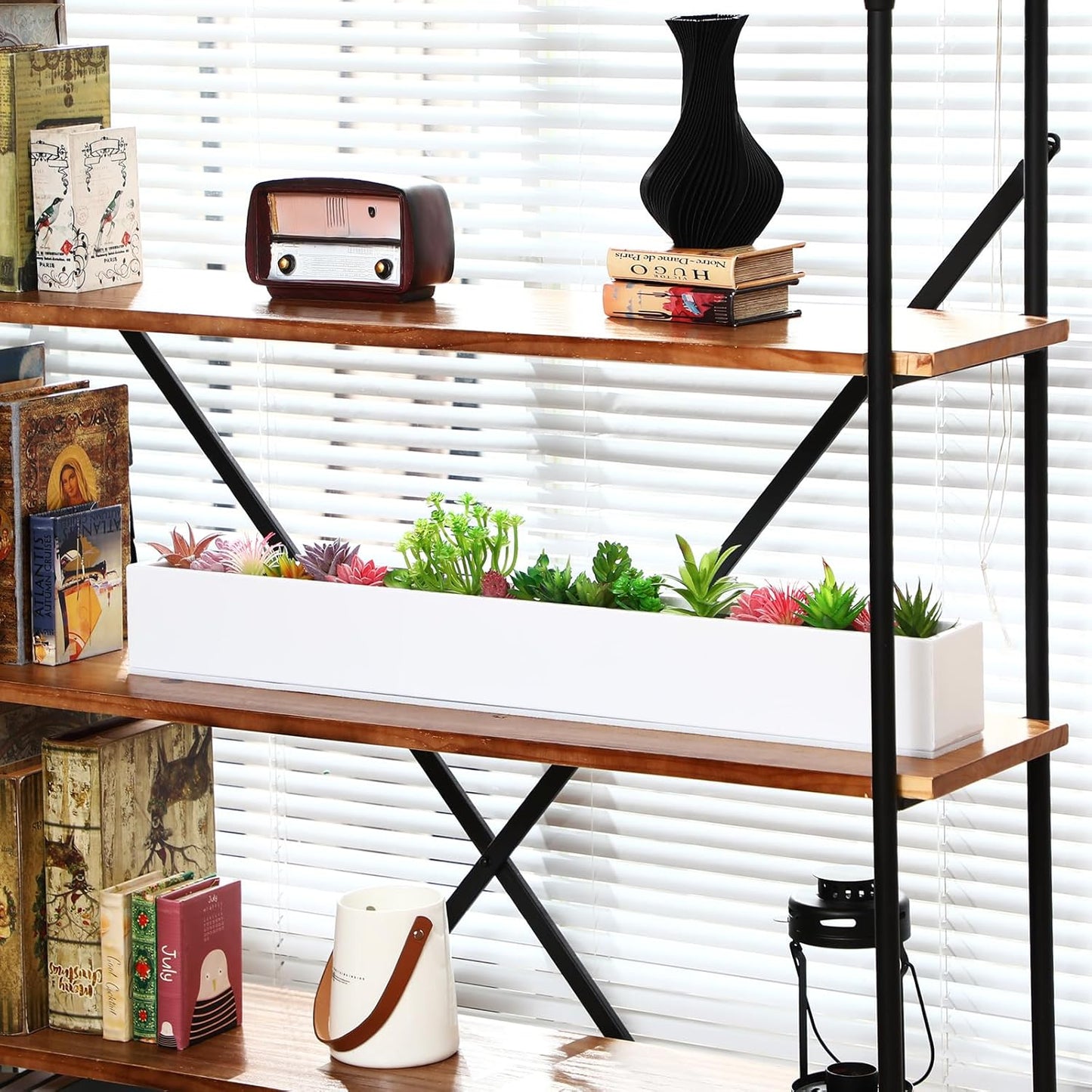 32 x 3.5 x 3.5 Inch Long Rectangular Planter Box Window Sill Plant Box Metal Water Trough Indoor Large Modern Steel with Drainage Holes Herb Garden Home(White)