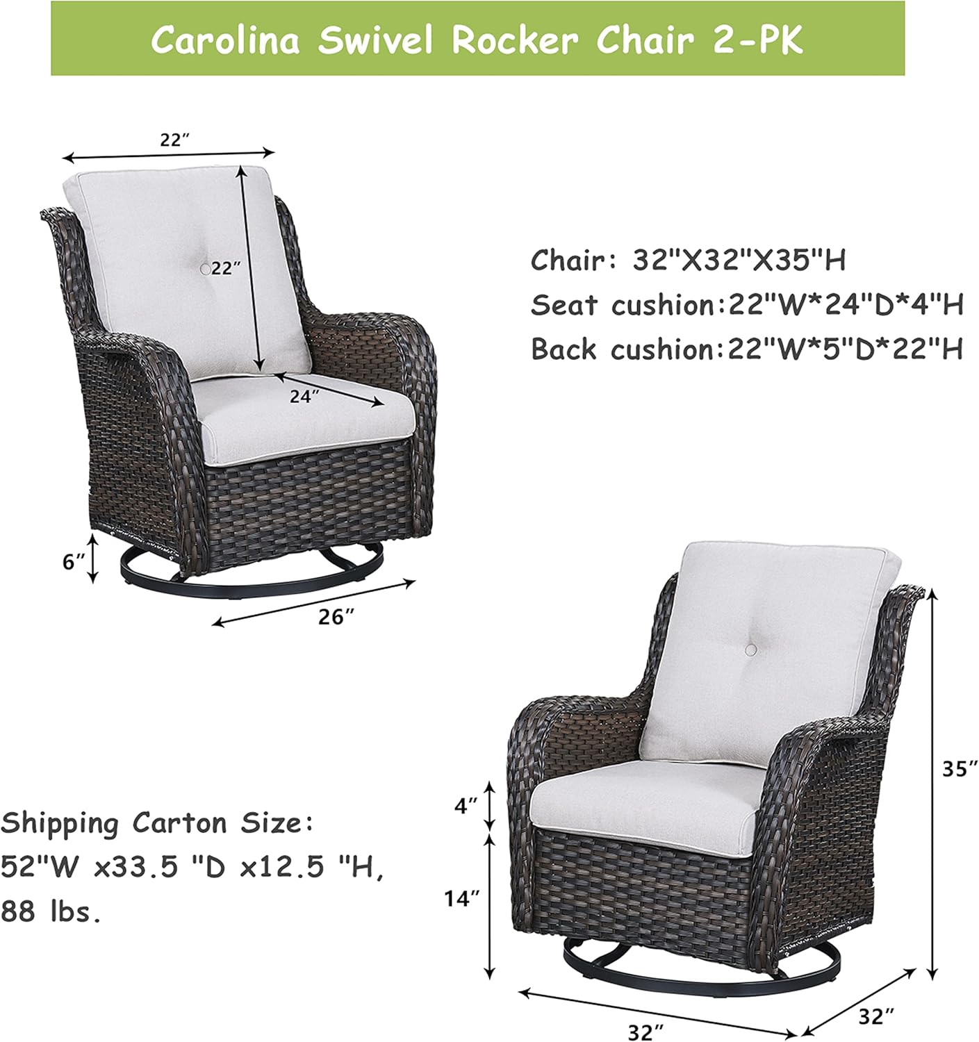 Outdoor Patio Swivel Rocker Chairs - Single Wicker Rattan Patio Swivel Rocking Chair with High Back,Deep Seating and Comfort Cushions for Deck Porch Garden,Brown/Beige