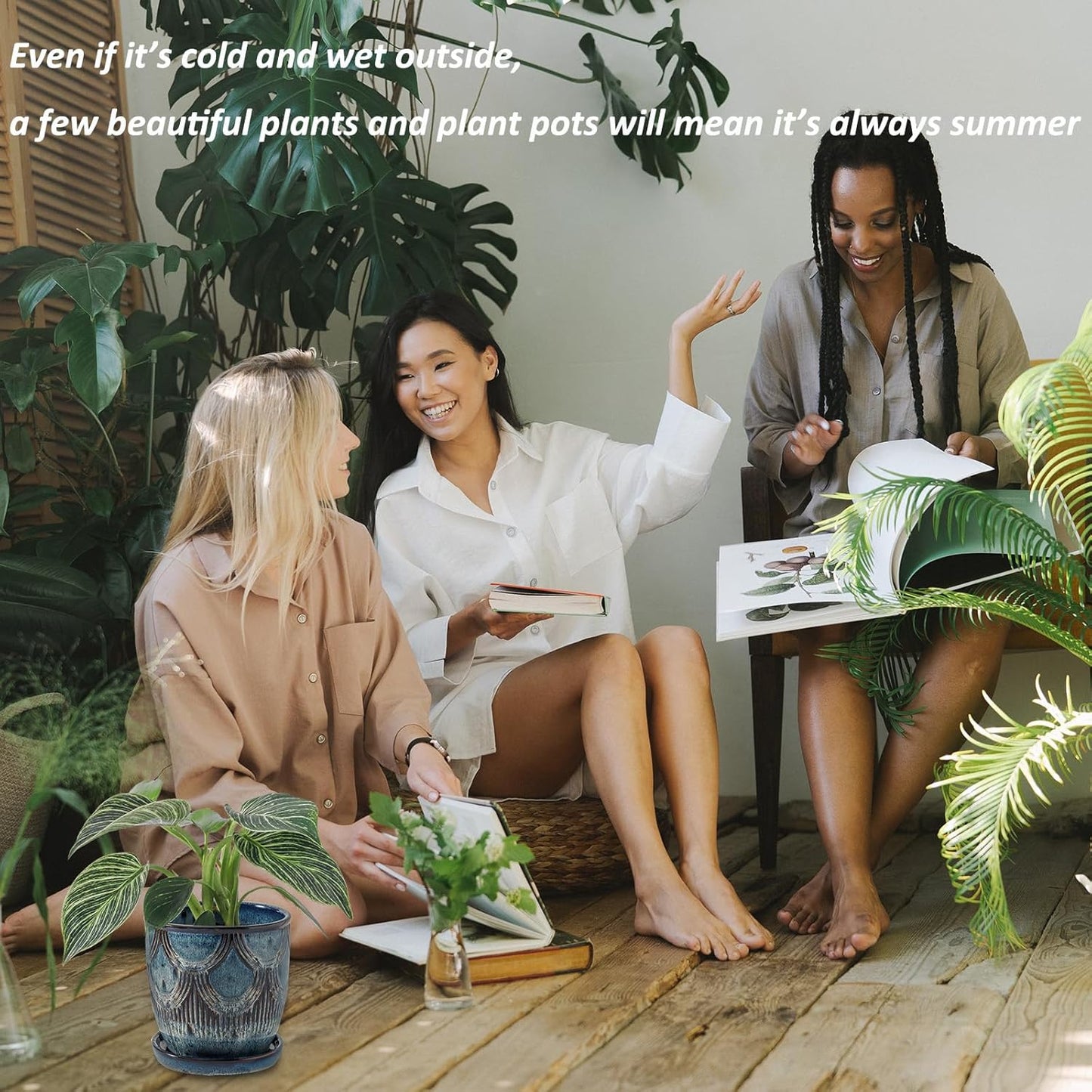 Ceramic Planter Pot, 5in, Reactive Glaze Blue, Indoor Outdoor Usage, with Drainage Hole and Saucer