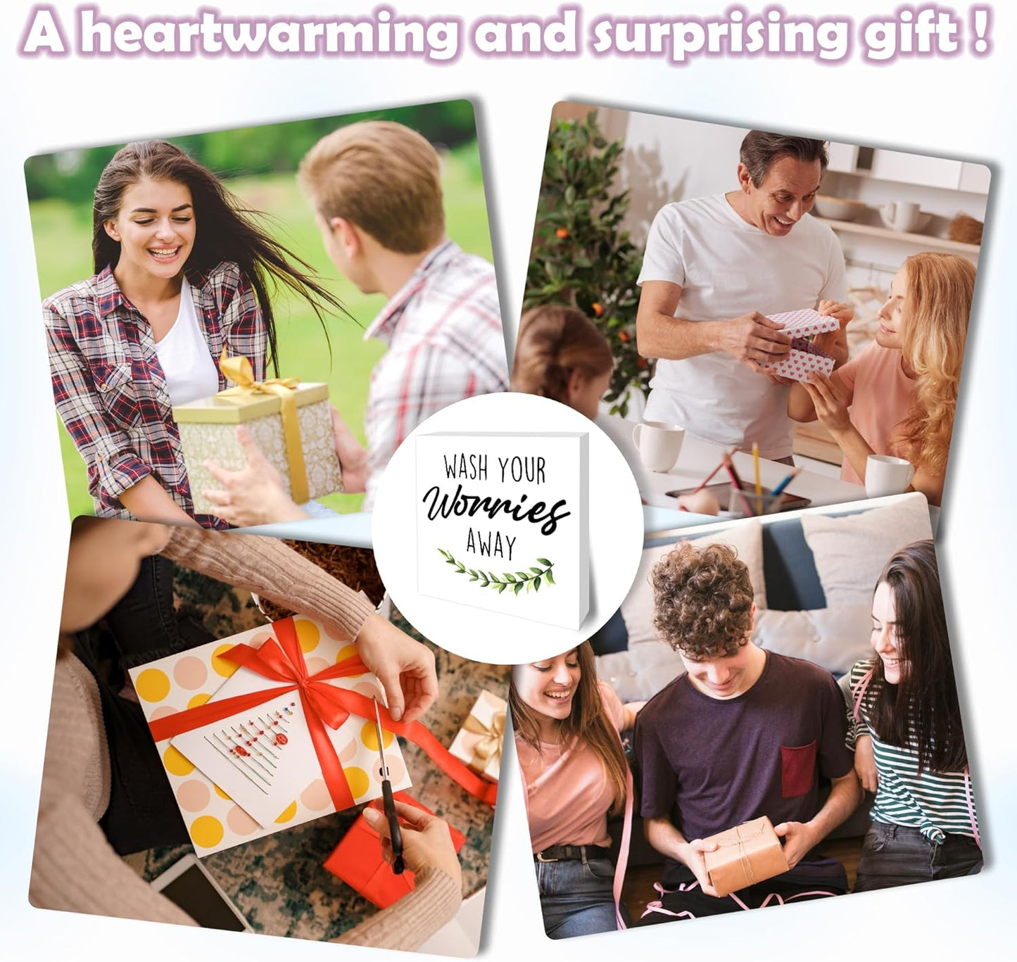 Wash Your Worries Away Wooden Block Sign - 5" Leaves Wooden Plaque Tabletop Decor - Rustic Farmhouse Wood Sign Gifts For Friends Family Coworker- Bathroom Toilets Desk Decor & Supplies -B17