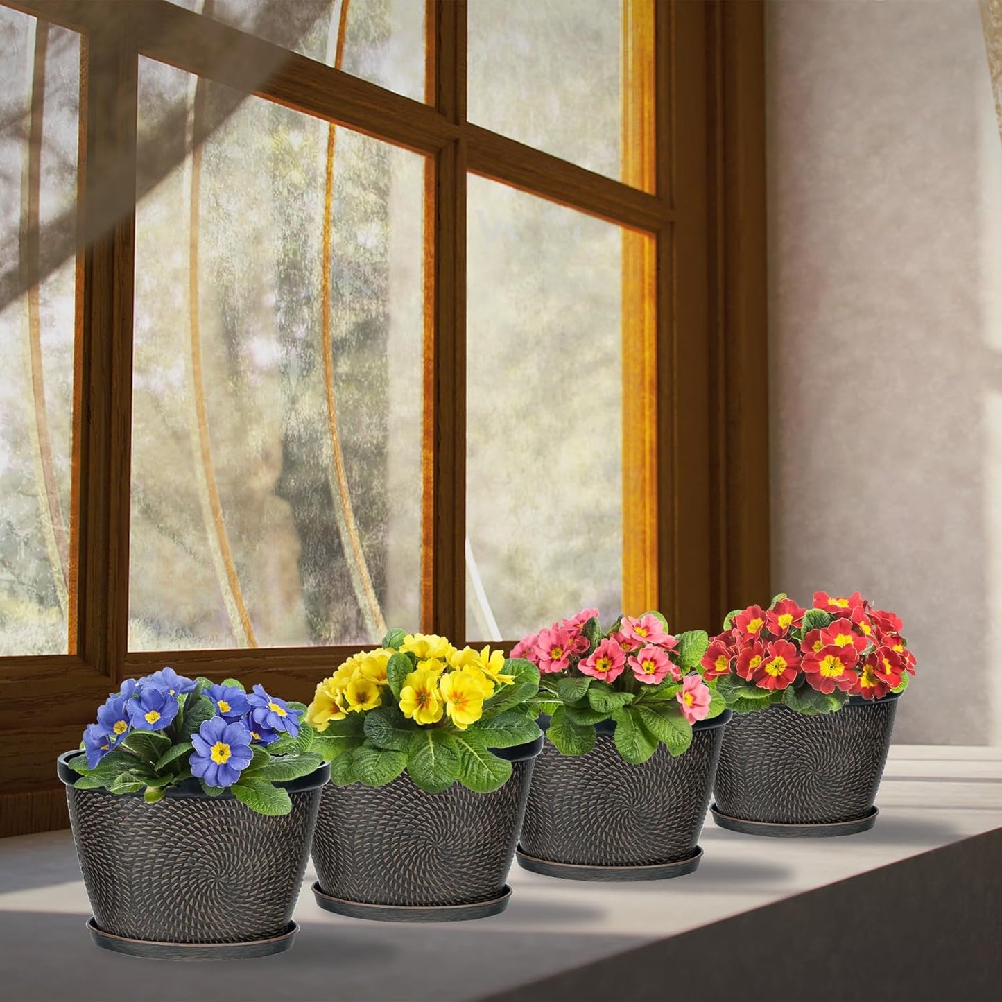 Quarut 4 Pack 6 Inch Flower Pots for Outdoor Indoor, Plastic Plant Pots with Drainage Hole & Saucer, Lightweight Small Flower Pot, Circle Pattern Planters for Garden House planters（Black Copper）