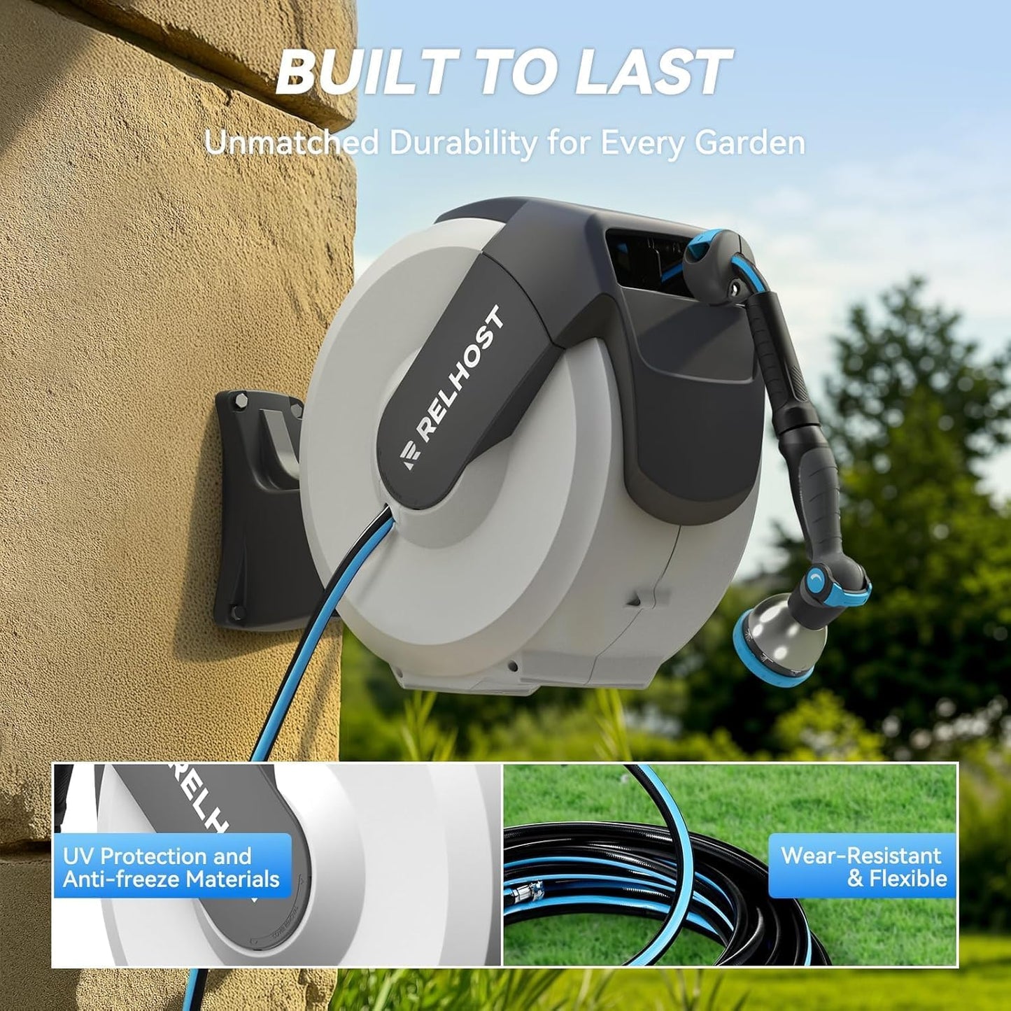 Retractable Garden Hose Reel - 100 ft x 5/8 in Heavy Duty Wall Mount with Auto Rewind, Any Length Lock, 180° Swivel Bracket & 10-Pattern Nozzle (White & Grey)