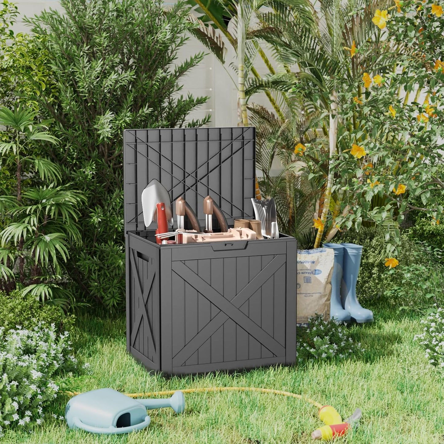 38 Gallon Outdoor Deck Box,Storage Lockable Waterproof Patio Furniture,Garden Tools,Cushions,Pool Accessories Outside Storage Resin Box(Black)