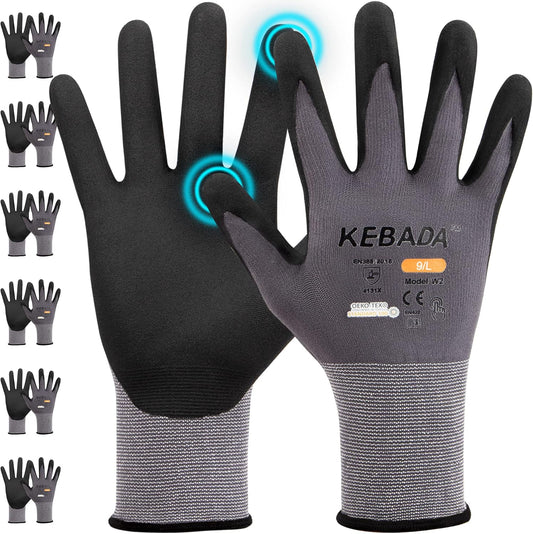 Kebada W2 Work Gloves for Men and Women, Nitrile Coated Working Gloves for Gardening, Construction, Warehouse, Safety Gloves for Work in Yard and Outdoors, 6 Pairs, Small
