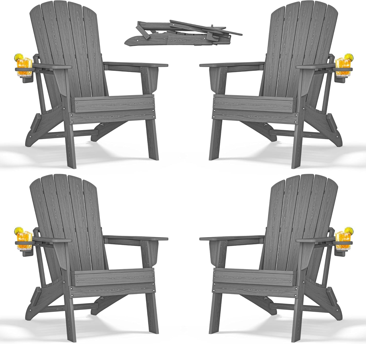 Folding Adirondack Chair - Extended Ergonomic Backrest, Cup Holder - Easy Assembly - Durable HDPE Plastic, Weather Resistant & Maintenance-Free - Lawn, Patio, Deck Supports 380lbs Grey