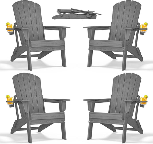 Folding Adirondack Chair - Extended Ergonomic Backrest, Cup Holder - Easy Assembly - Durable HDPE Plastic, Weather Resistant & Maintenance-Free - Lawn, Patio, Deck Supports 380lbs Grey
