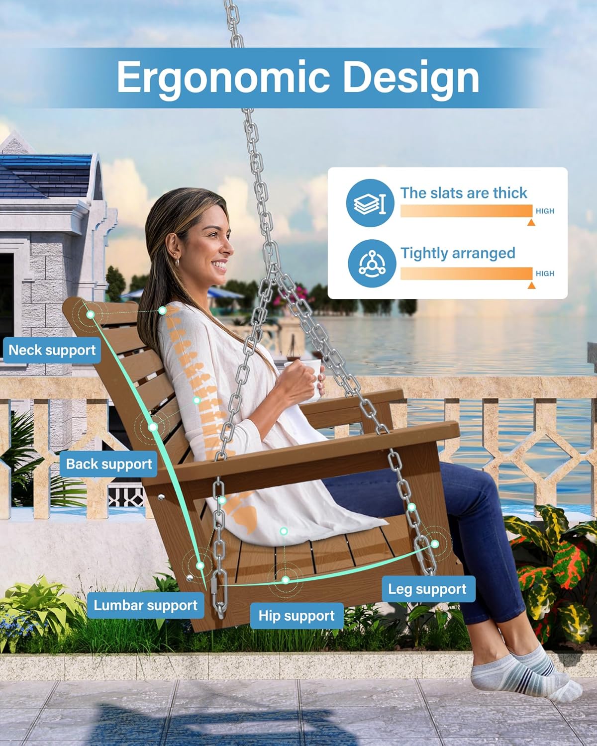 YEFU Hanging Porch Swing Outdoor,2-Seat Patio Swing Bench,All-Weather Swing Chair with Hanging Chains,Look Like Real Wood,for Garden and Courtyard,660LBS Weight Capacity,4FT,Teak