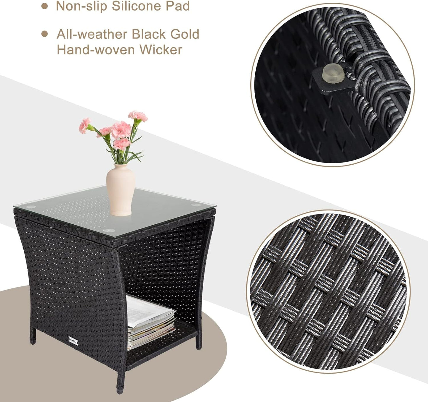 Outdoor Small Patio Table - PE Rattan Coffee Table, Wicker Side Table for Patio, Balcony & Porch, Durable & Iron Frame (1, Dark Black)