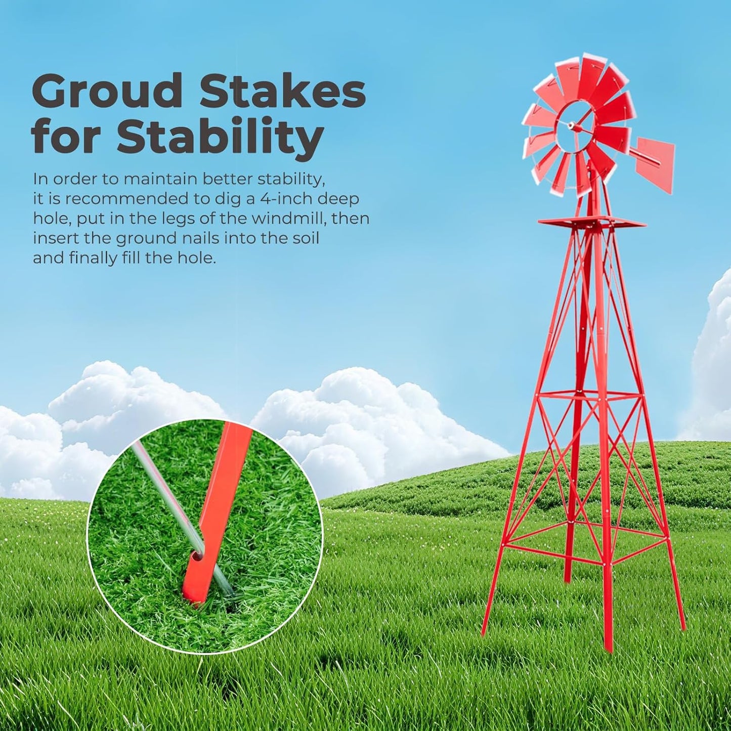 Outvita 8FT Ornamental Windmill, Heavy Duty Durable Metal Weather Vane Garden Decoration Weather Resistant for Garden, Yard, Farm, Seaside (8ft-red)