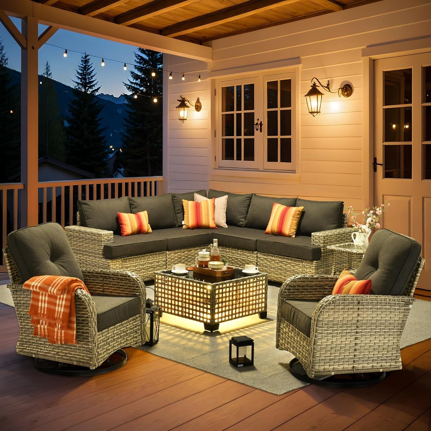 HOOOWOOO Outdoor Sectional Patio Furniture Set,9 Pieces Wicker Conversation Sets L Shaped Couch,Extra Deep Out Door Sofa Outside Furniture with Rocking Chairs,Black