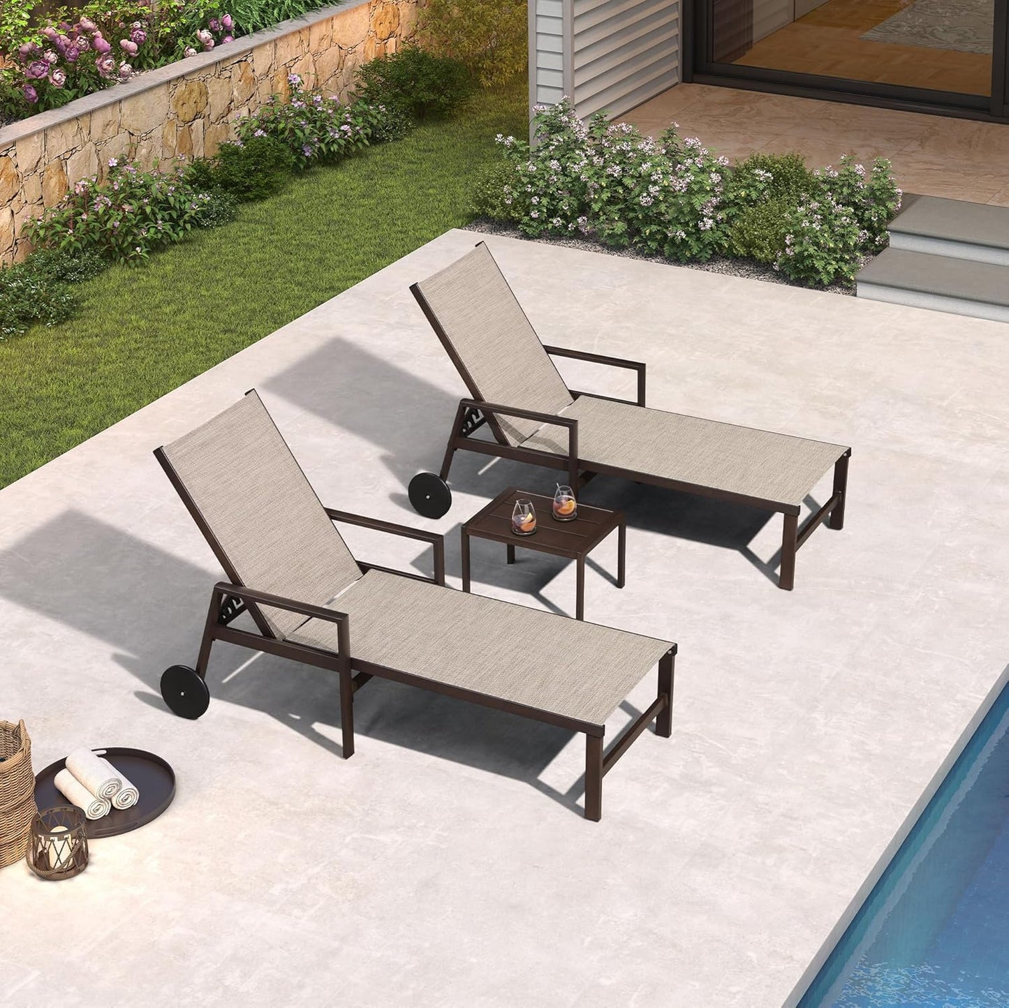 PURPLE LEAF Pool Lounge Chairs Set of 3 Aluminum Outdoor Lounge Chairs with Wheels and Armrests Adjustable Patio for Deck Outside Lawn Garden, Beige