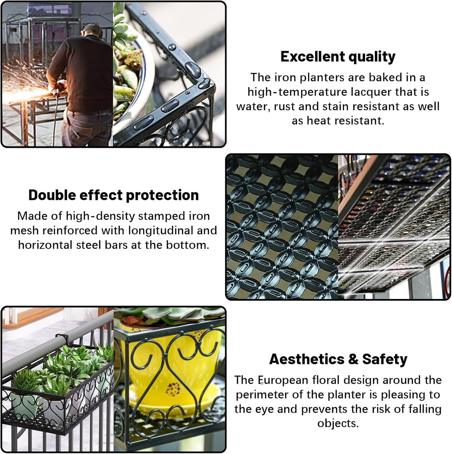 Metal Planter Flower Pot Holder Railing Shelf, Iron Balcony Planters Railing Hanging Bucket Pot Flower Holder with Hooks for Outdoor Garden Porch Patio(Black, 23.6 x 7.8 x 4.7 Inch)