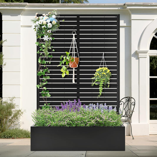 Metal Planter Box with Trellis, Heavy-Duty Raised Garden Bed for Climbing Plants, Drainage Hole, Outdoor Planter Box with Privacy Screen，47''L×16''W×71''H