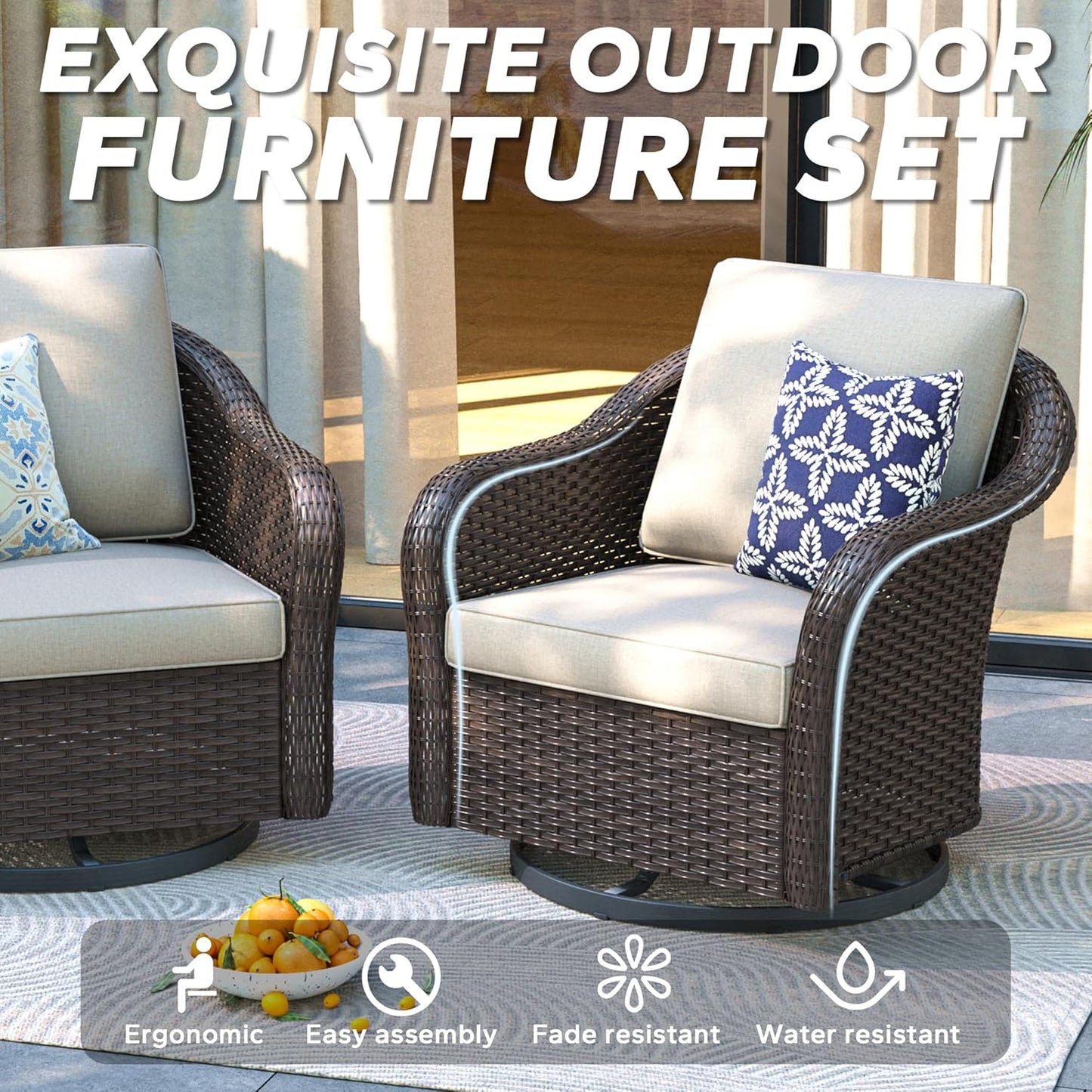 Outdoor Wicker 360 Degree Swivel Glider Rocker Chairs Set, Patio Conversation Furniture Set with Washable Cushions for Garden, Poolside (Beige)