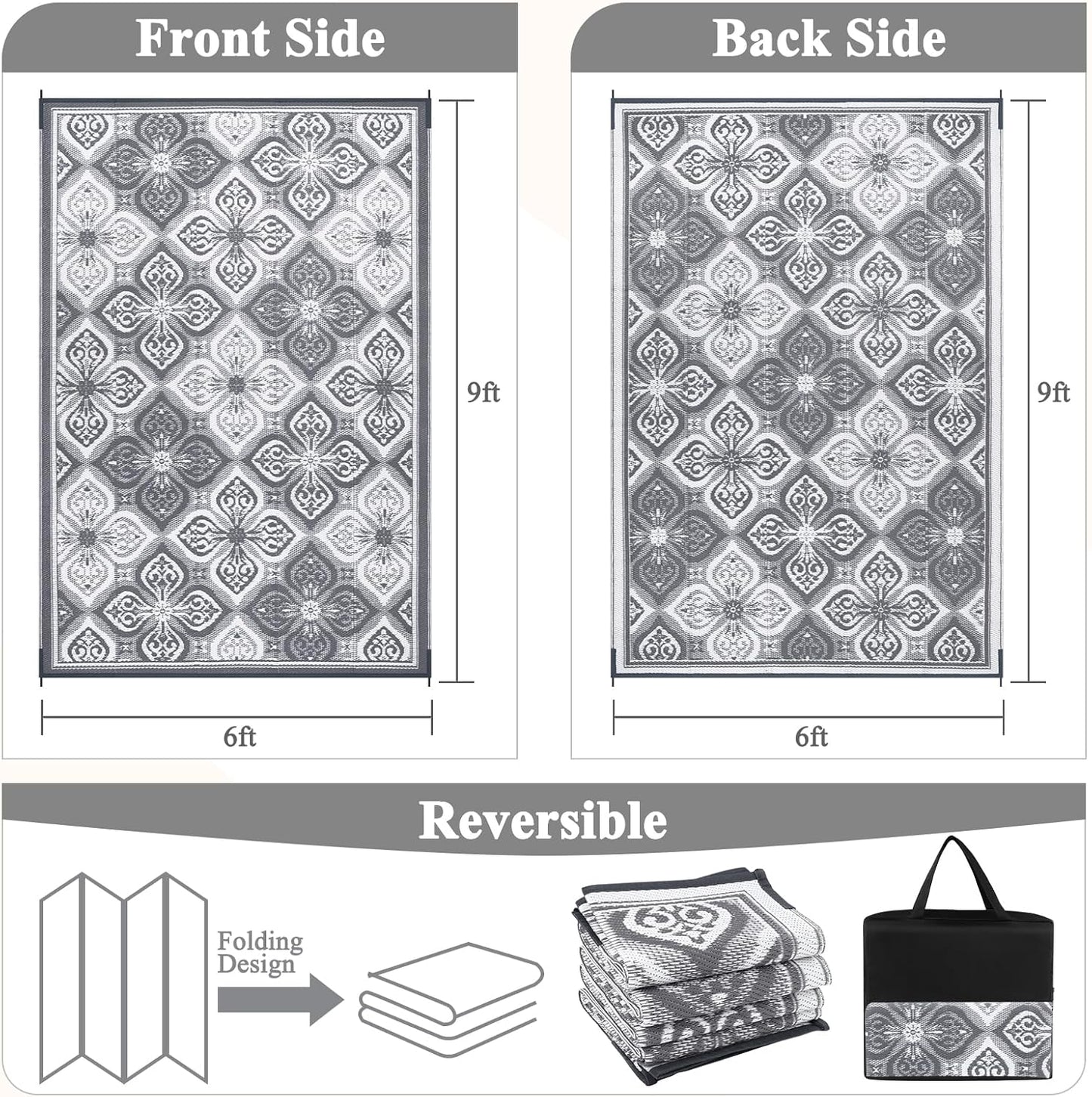 Pauwer Reversible Outdoor Rug, 6'x9', Waterproof, Polypropylene, Clover Grey, Area Rug for Patio, RV, Camping, Picnic, Backyard, Deck, Balcony, Porch