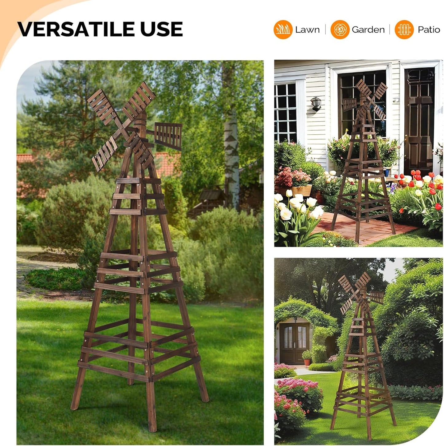 VINGLI Outdoor Yard Windmill, Wooden Wind Spinner for Garden Lawn Yard Patio Decoration (Carbonized Wood, Large)