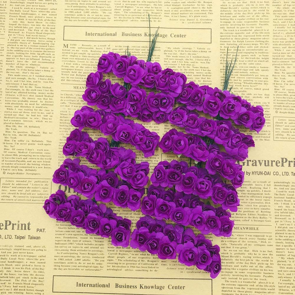 Mini Fake Rose Flower Heads 144pcs Mini Artificial Mulberry Paper Roses Flower with Wire Stem DIY Wedding Flowers Accessories Make Bridal Hair Clips Headbands Dress (Light Purple)