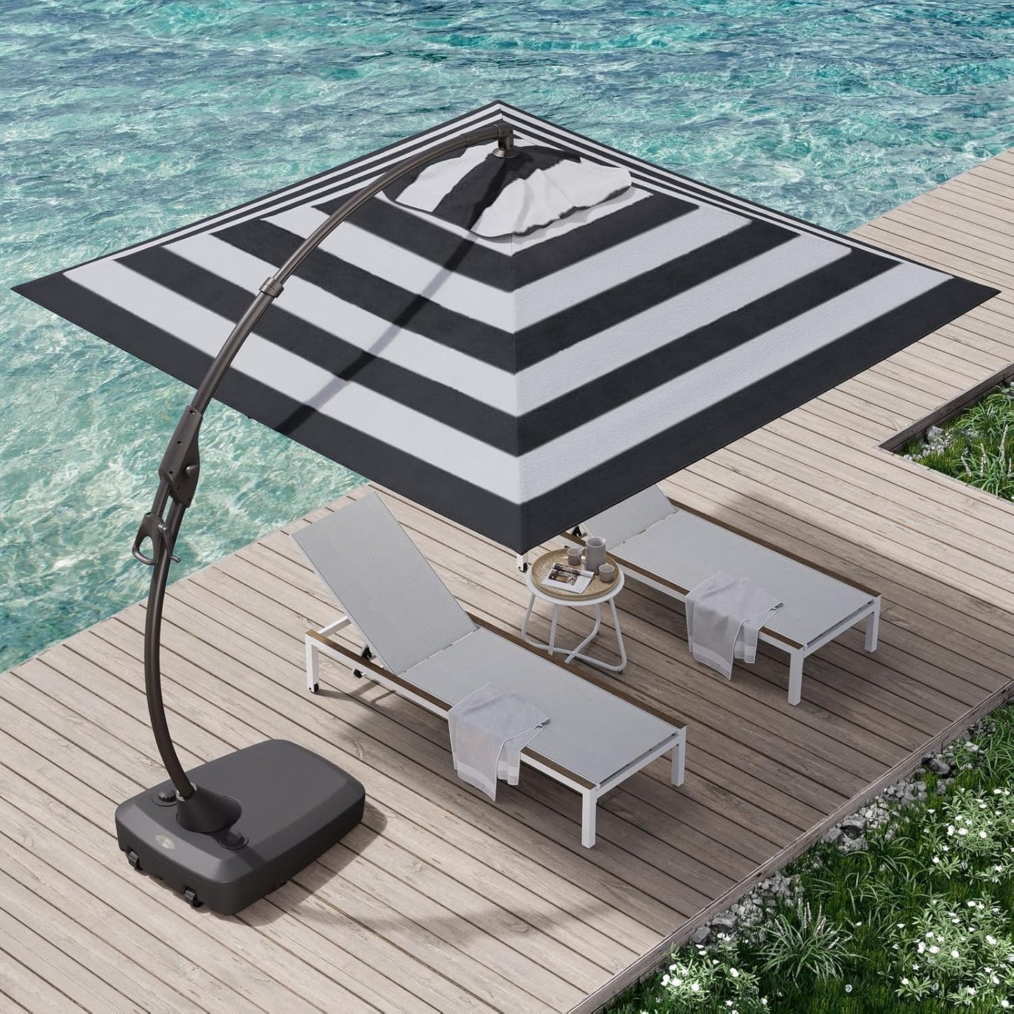 Grand patio 10x10 FT Patio Cantilever Umbrella with Base Outdoor Large Square Tilting Offset Umbrellas for Pool Deck (Black & White, 10x10 FT)
