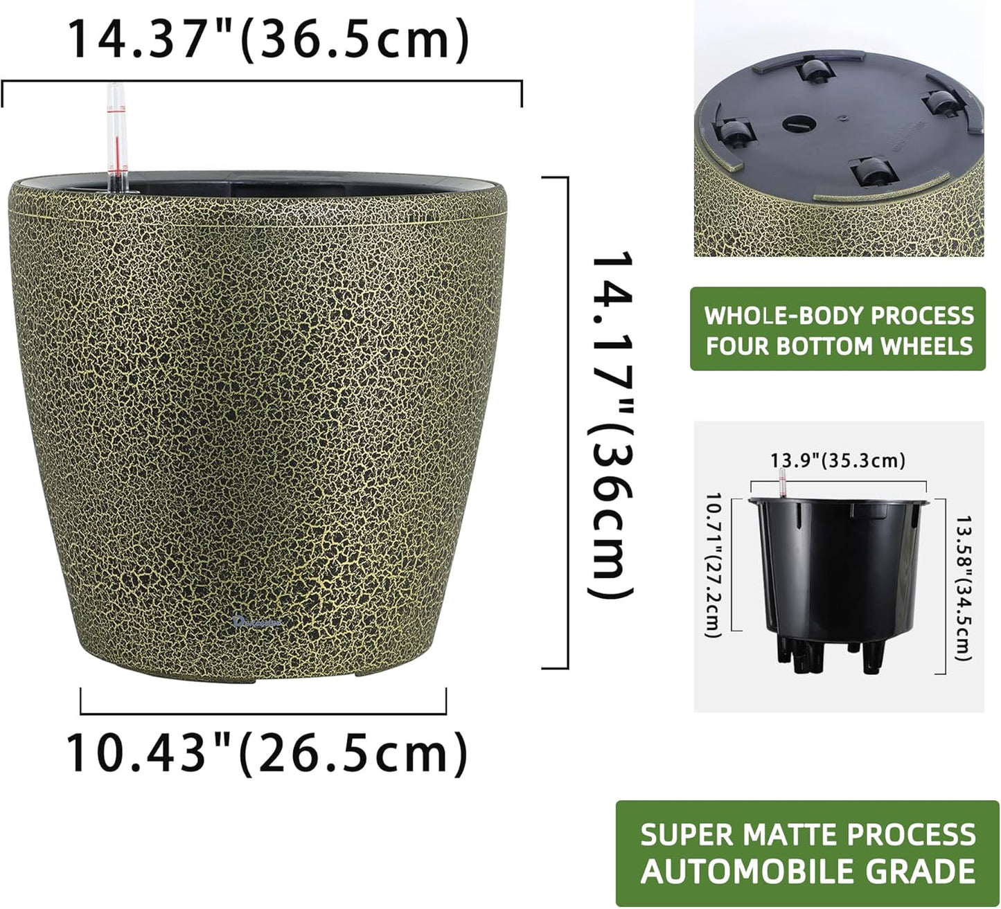Dexceder 15x14 Self Watering Planter with Wheels Indoor Outdoor, Inner Pot Design, Thickened Large Floor Standing Flower Plant Pot with Water Level Indicator (Black Gold Crackle)