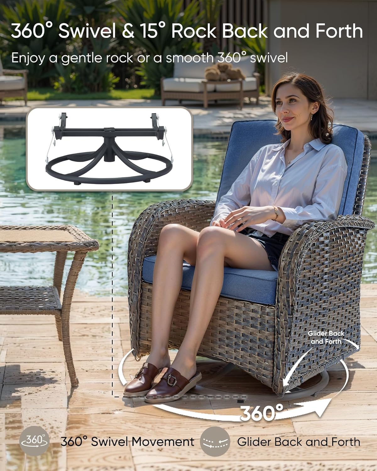 HUMMUH Outdoor Swivel Chairs,3 Pieces Patio Furniture Set with 360 Degree Wicker Swivel Rocking Chairs and Side Table for Garden,Porch,Backyard (Brown/Blue)