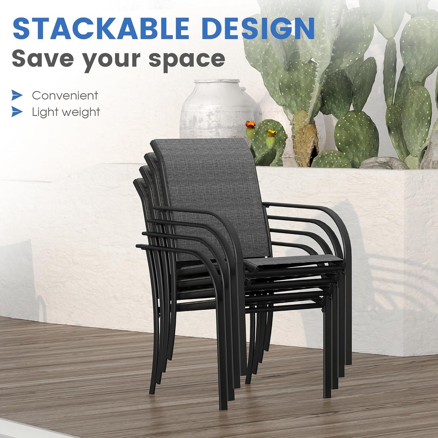 VICLLAX 7 Pieces Patio Dining Set for 6, Outdoor Furniture Set Includes 59" Rectangle Outdoor Table and 6 Stackable Patio Sling Chairs, Black Tabletop and Grey Fabric
