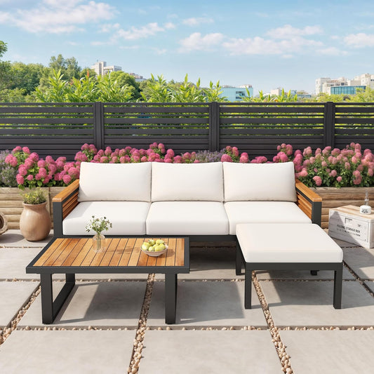 Patio Furniture Set, Outdoor 3-Piece Acacia Wood and Metal Patio Sofa Set, L-Shape Conversation Sofa with Coffee Table and Ottoman for Garden, Poolside, Backyard