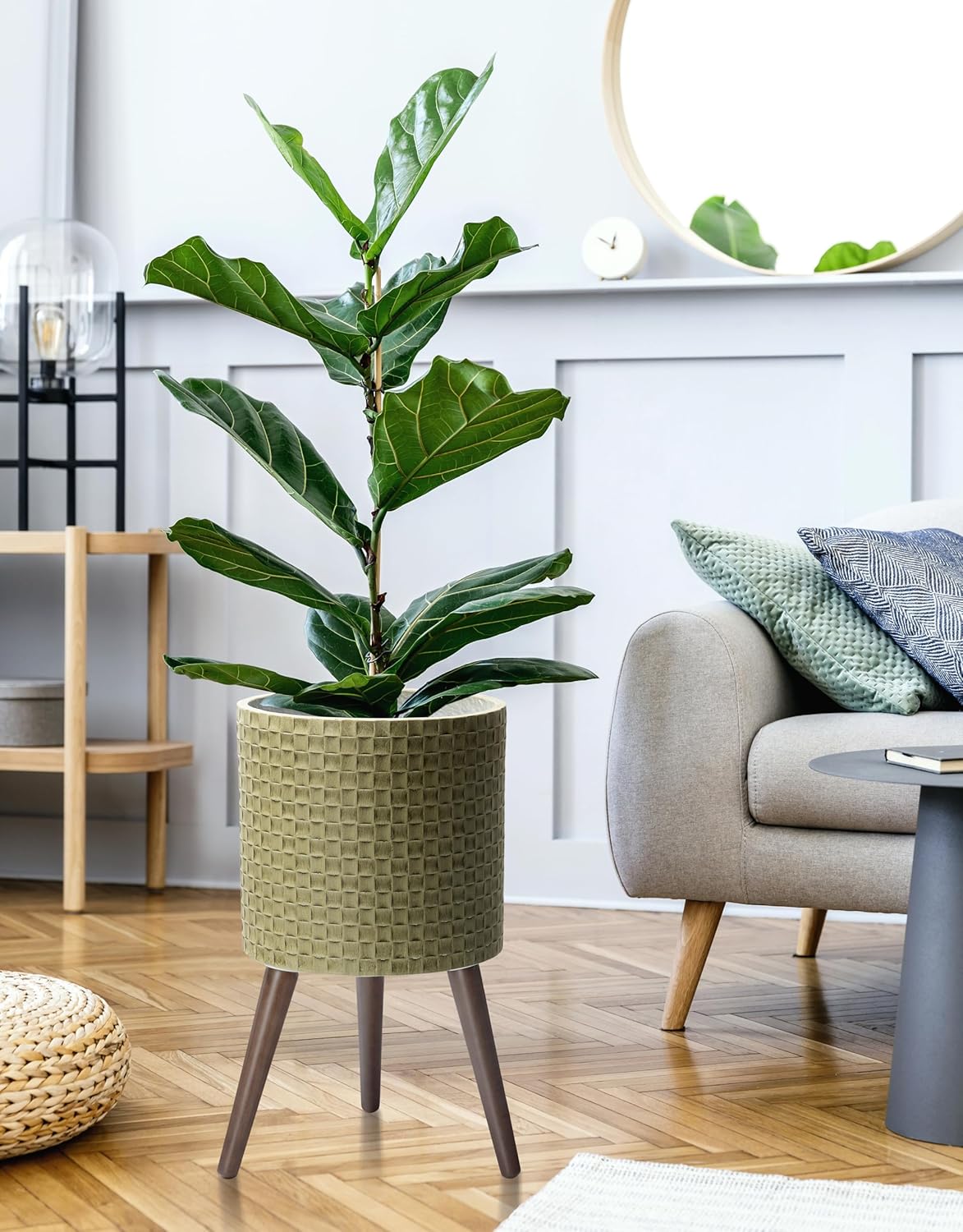 D'vine Dev 12 Inch Modern Geometric Tile Patterned Sleek Planter Pot with Stand, Indoor Outdoor Decorative Plant Holder, Distressed Olive, 88-Z-C-4