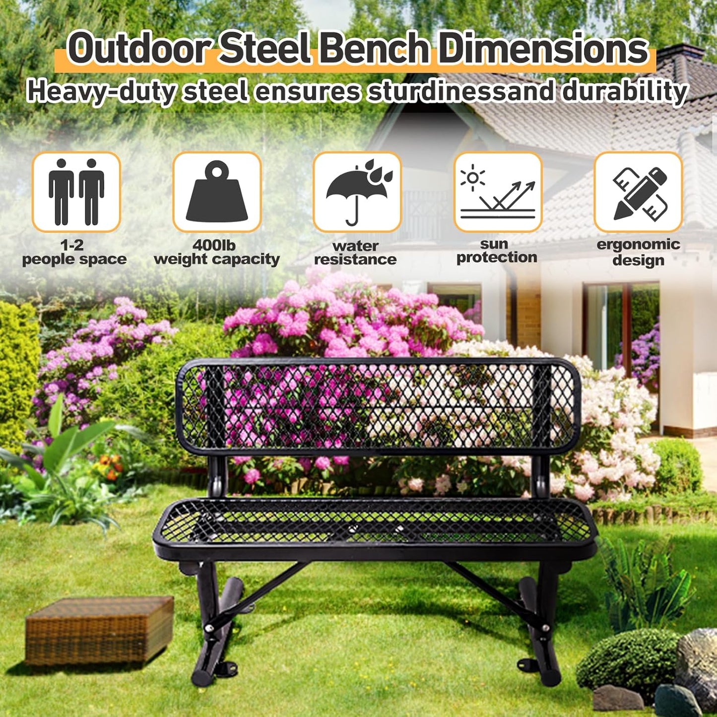 Thermoplastic Coated Iron Park Bench for Outside, Heavy Duty Metal Garden Bench, Expanded Commercial Grade Seating for Shopping Malls, Lawn Yard Porch Entryway (Black with Backrest, 48IN)