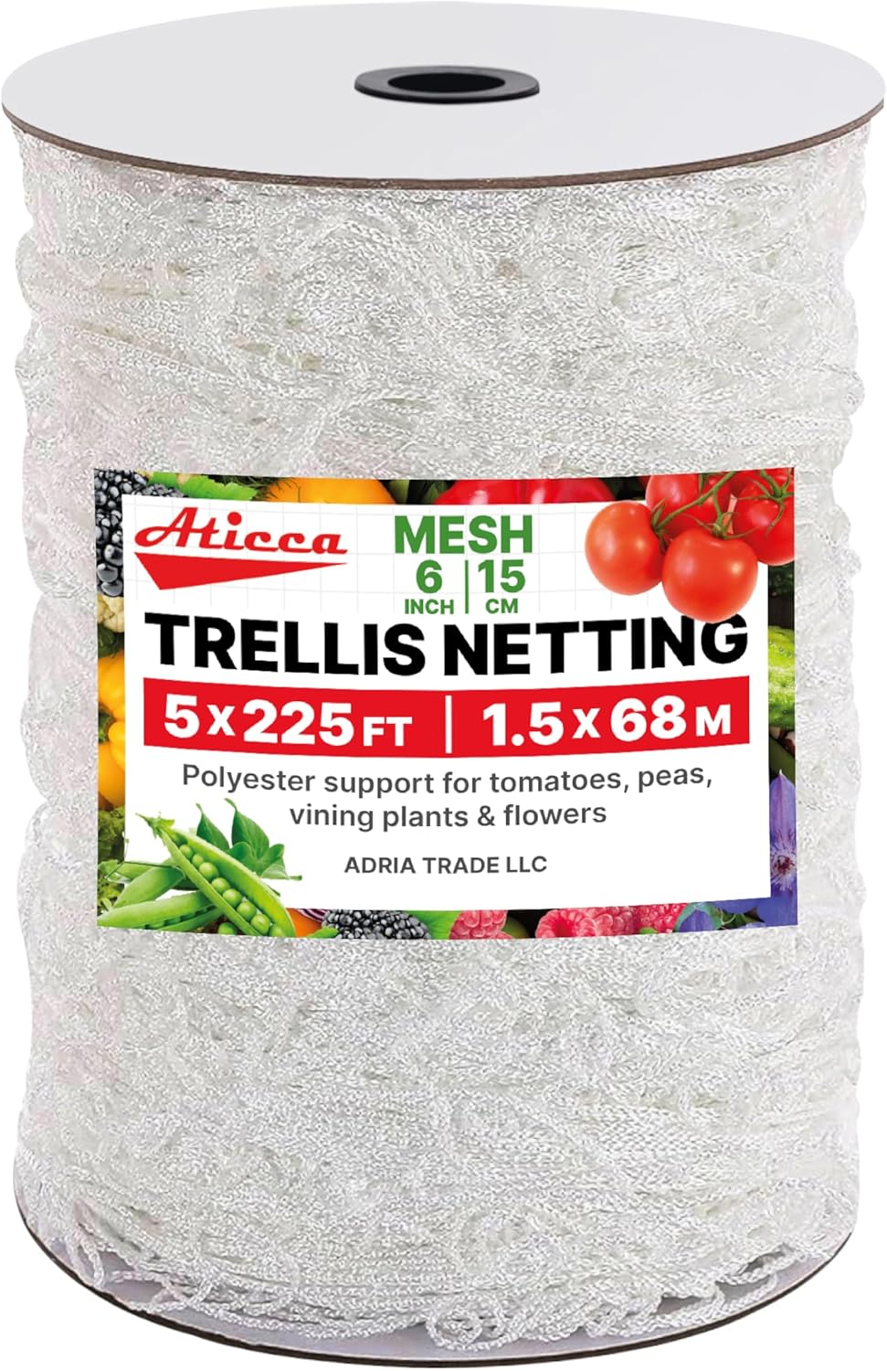 Trellis Netting 5 x 225 ft Heavy Duty Polyester Plant Support Netting White - 6 Inch Garden Rope Trellis on Roll - Mesh Twine for Growing Vine Climbing Plants, Flowers, Peas, and Tomatoes.