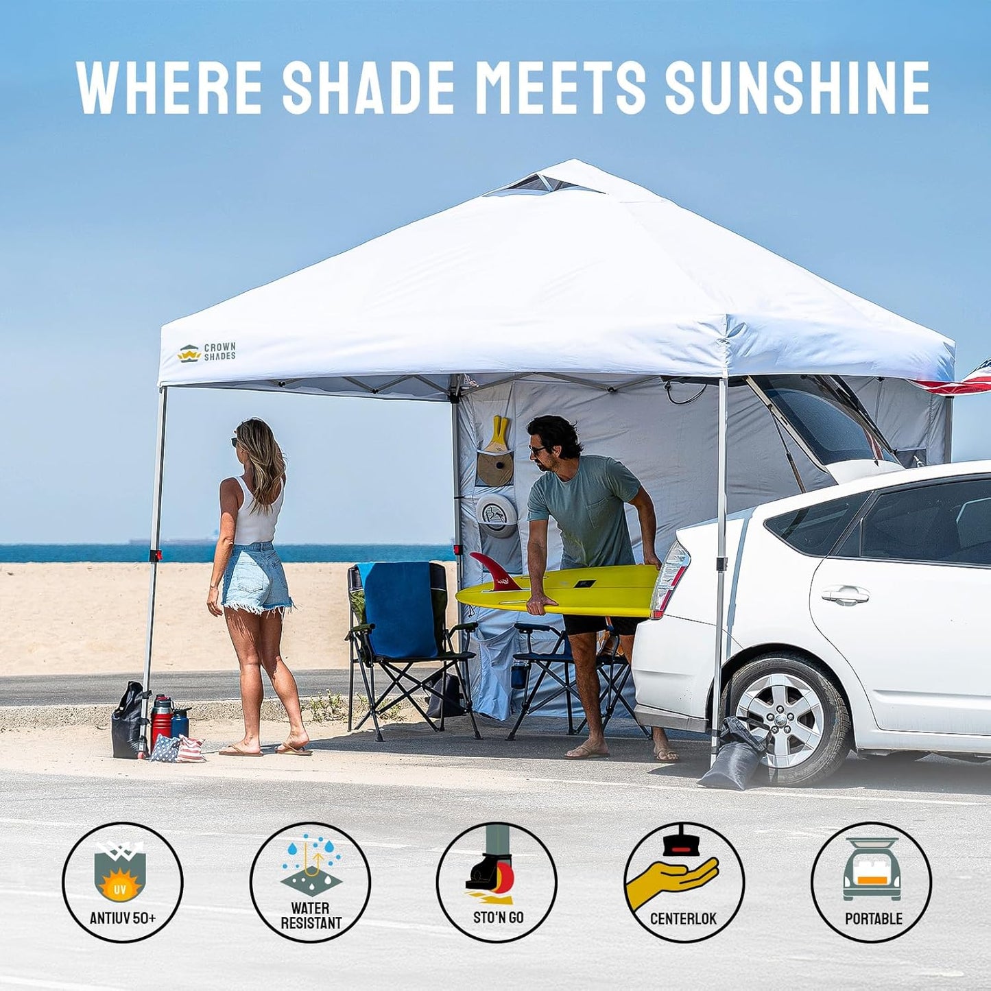 CROWN SHADES Canopy Tent 10x10 Pop Up Canopy Outdoor Shade with Pockets Sidewall, Easy Up Sun Shelter with One Person Set Up Center Lock, Portable Instant Camping Beach Canopy Tents, White