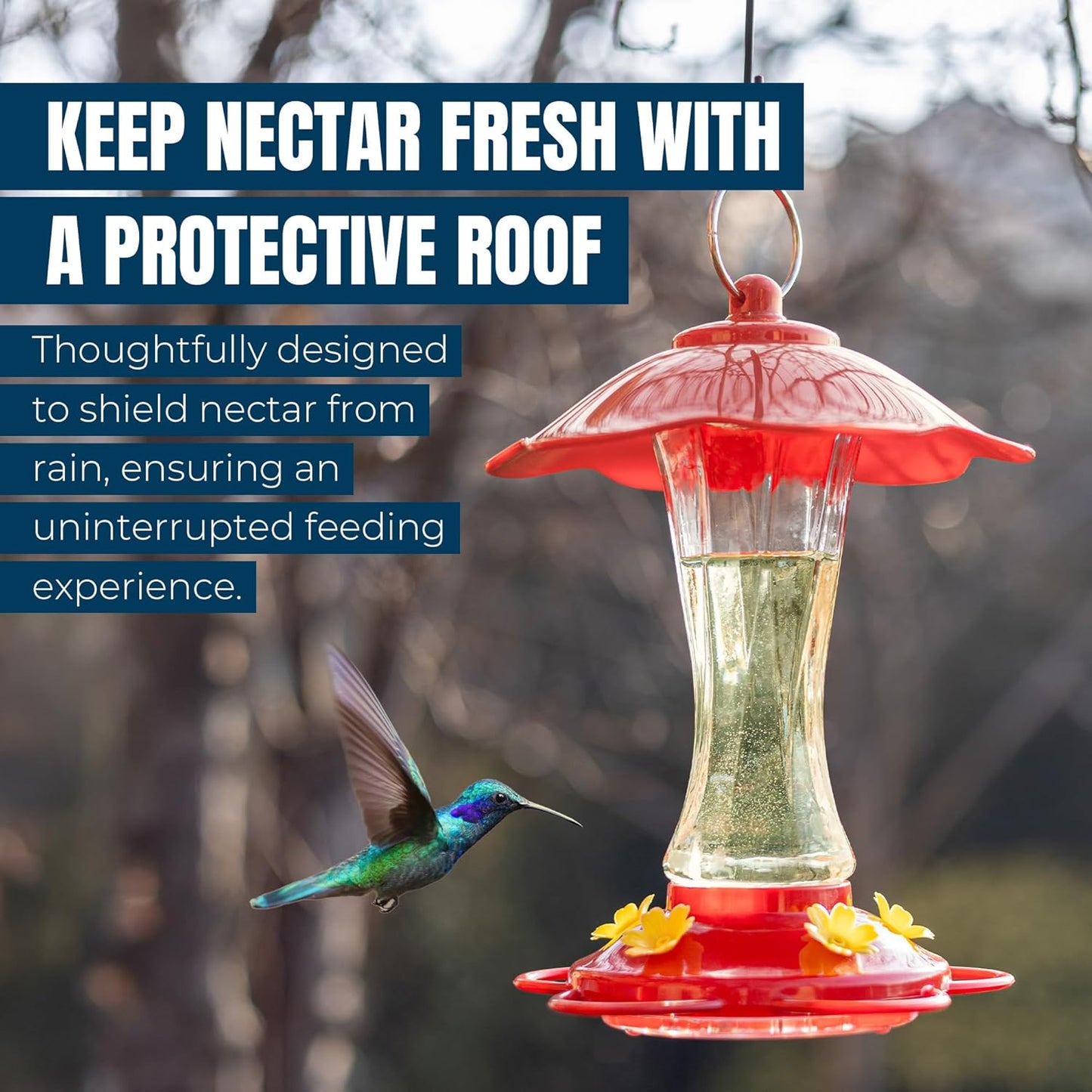 MEKKAPRO Hummingbird Feeders for Outdoors Glass - Red Hummingbird Feeders for Outdoors, Metal Ring, Bee-Proof Design, Easy Assembly, Red Hummingbird Feeder 10 oz