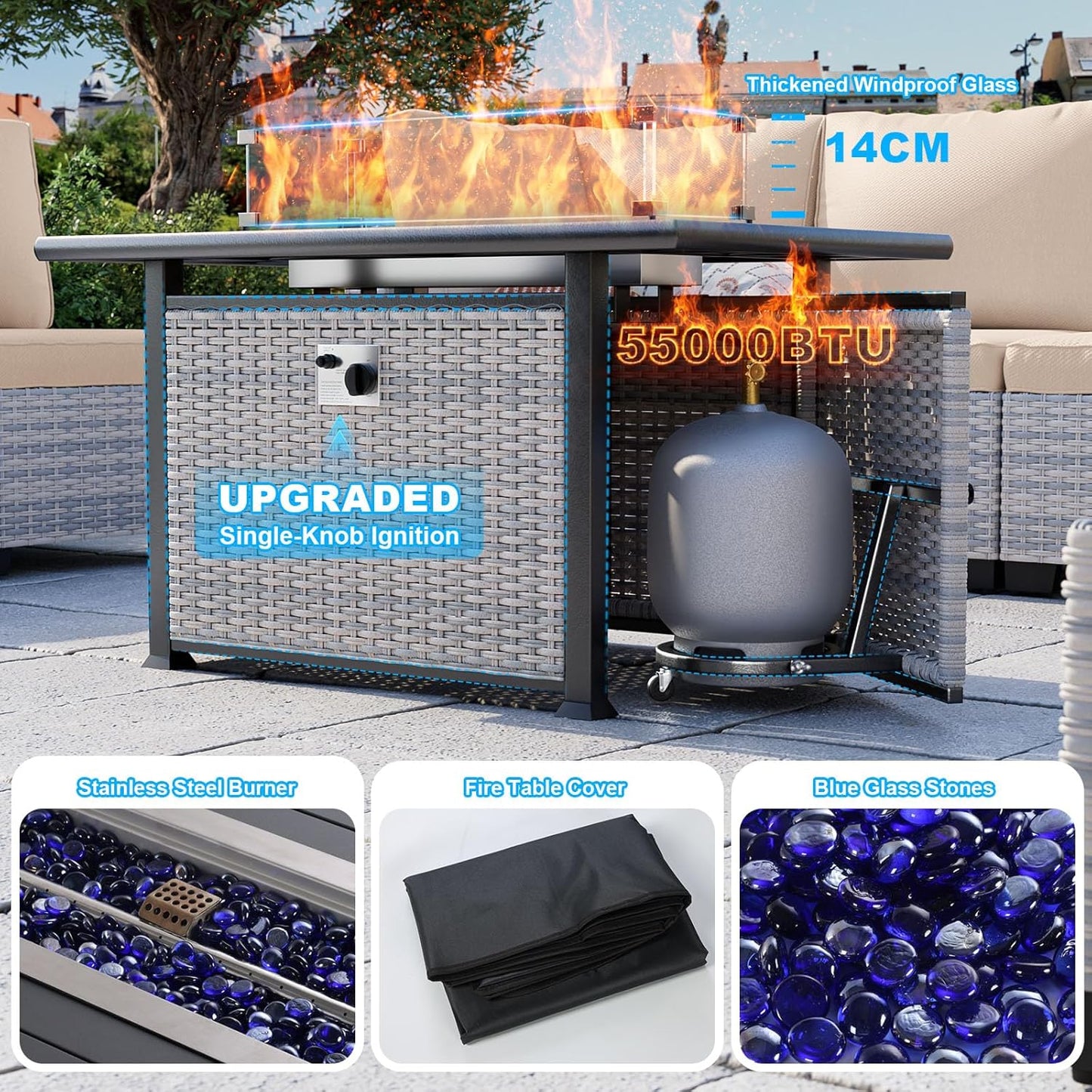 13-Piece Patio Furniture Set, Outdoor Patio Furniture with Swivel Chairs Set, Ottomans, 55,000 BTU Fire Pit Table, Modular Patio Sofa, Dual-Strand Wicker Rattan, Rust-Resistant Frame, Khaki