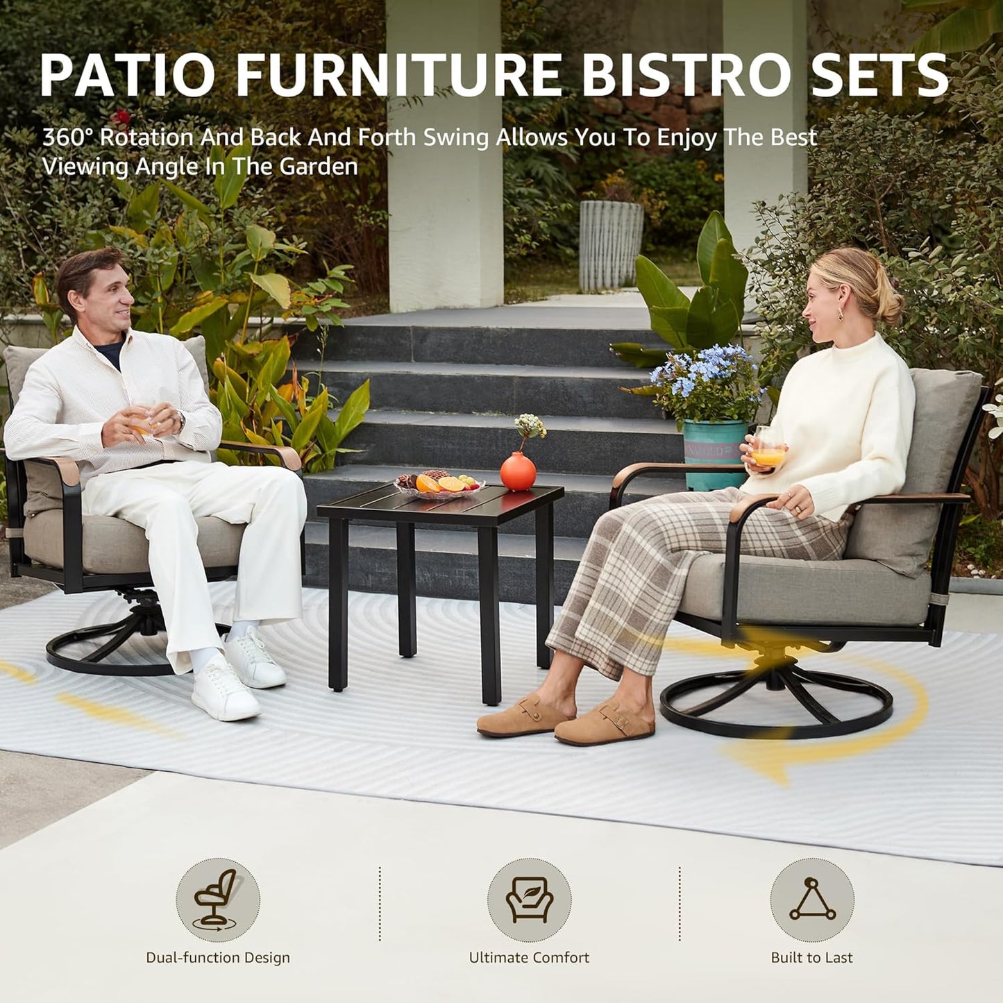 NATURAL EXPRESSIONS Outdoor Bistro Set, 3 Piece Swivel Glider Rocking Chairs Patio Conversation Furniture Set with 2 Rockers, 1 Metal Table and 6" Thick Cushions for Backyard, Porch, Balcony, 350lbs.