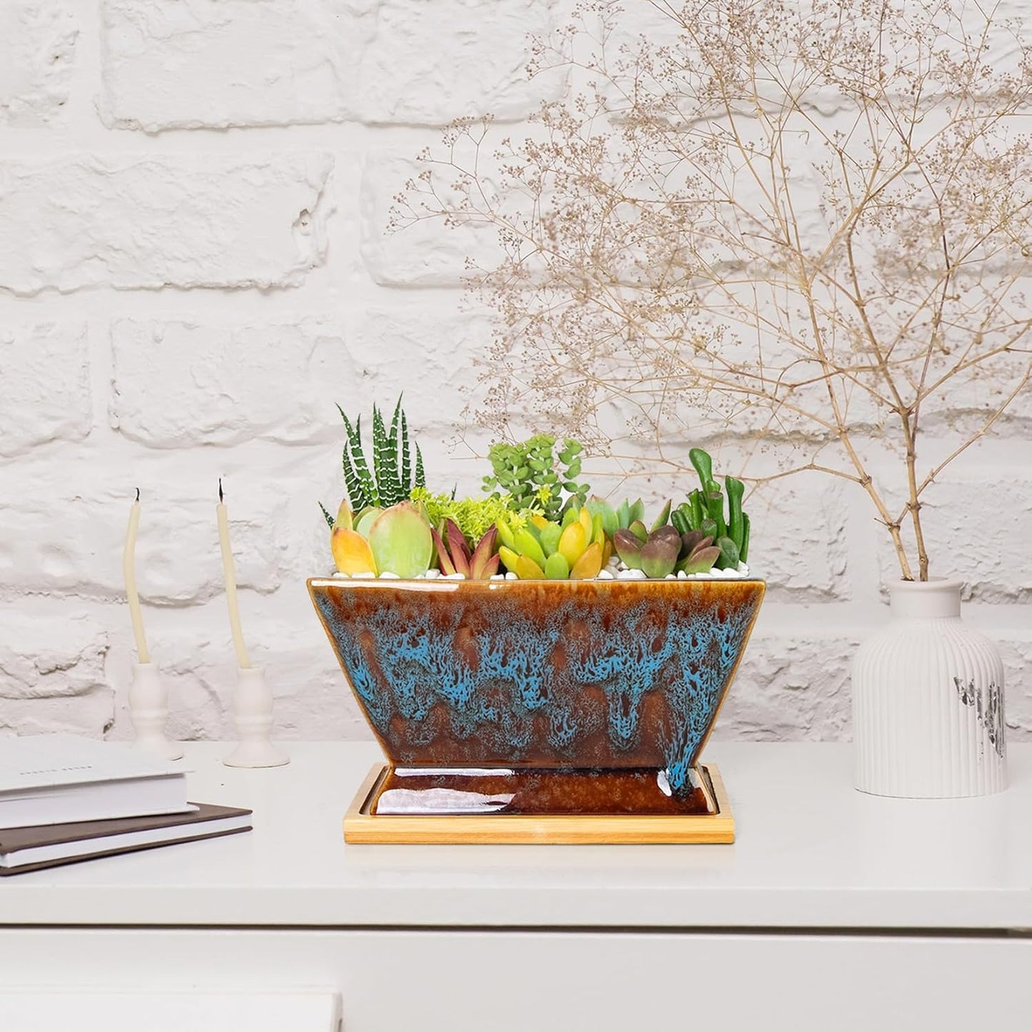 ARTKETTY Succulent Pots - 7 Inch Large Plant Pot with Drainage Tray, Shallow Ceramic Pots for Indoor Plants, Modern Cactus Bonsai Plant Container Decorative Home Office