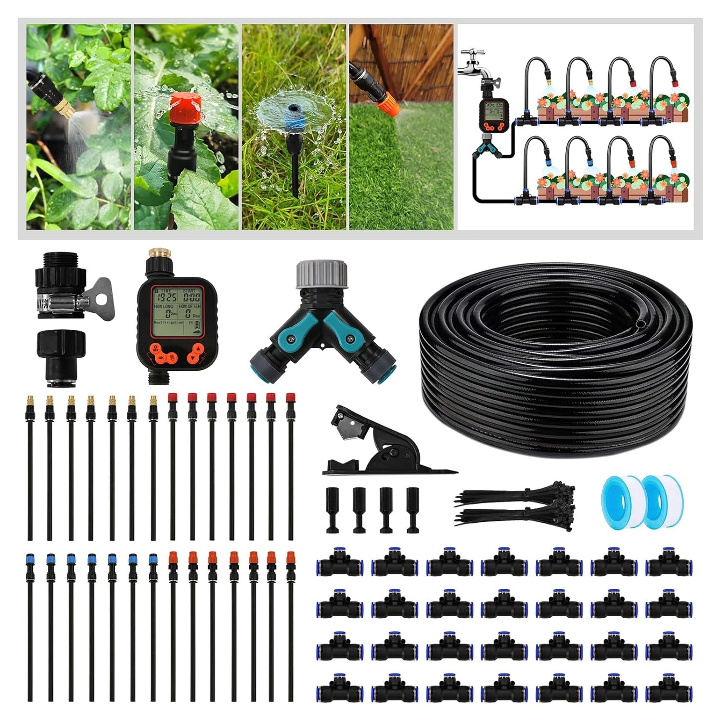 Drip Irrigation Kit - 100 FT. Hose Sprinkler System with 360° nozzles and T-connectors for Gardens, lawns, Plants, Flower beds, Trees, patios and hydroponics (28 nozzles + 28 connectors)