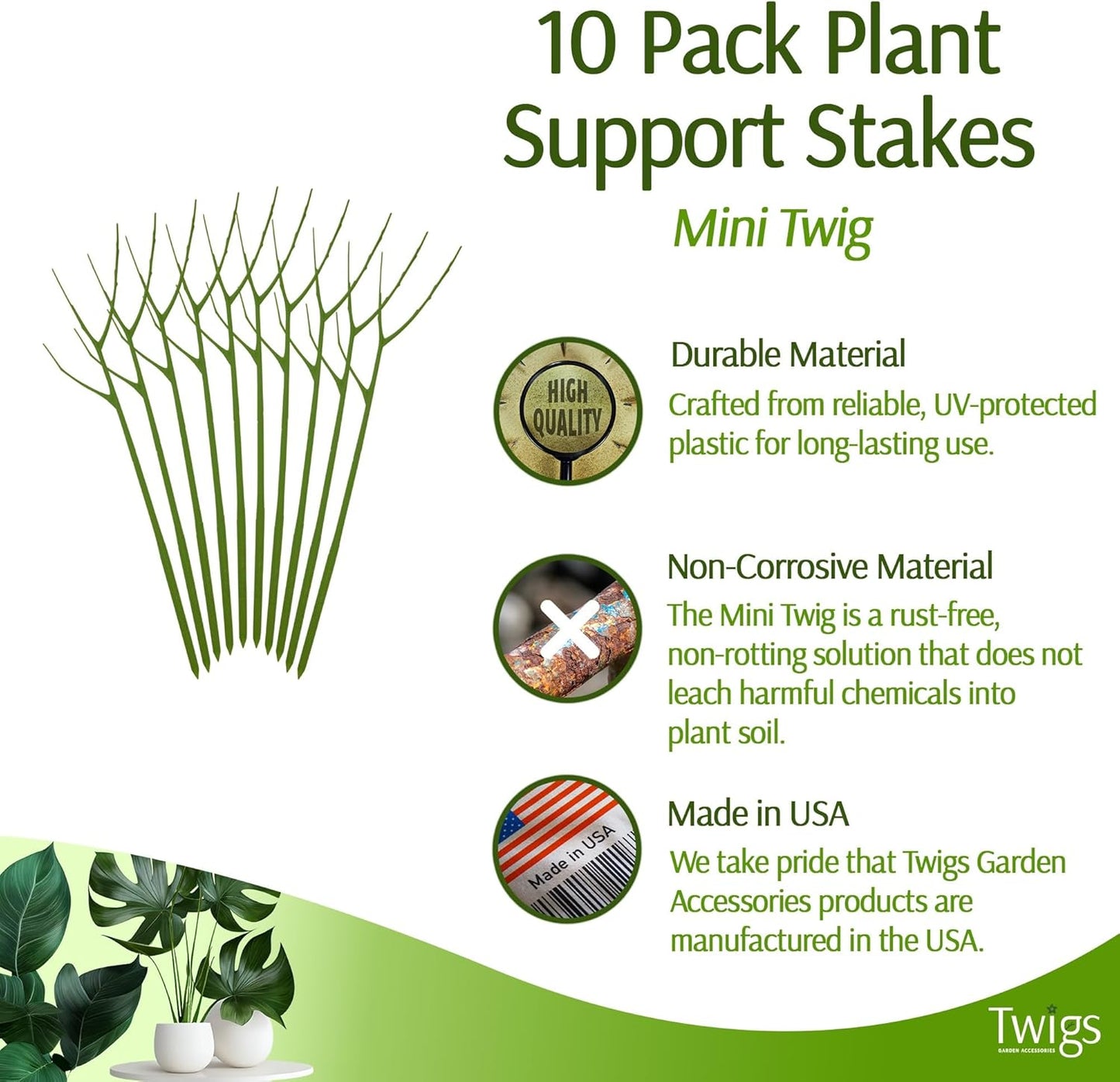 Twigs - Plant Support Stakes for Indoor, Outdoor & Climbing Plants, Gardening Supplies, Garden Accessories, Trellis & Ring Alternative, Made in USA - Peony (Light Green), 10 Pack, 12" L, Mini Twigs