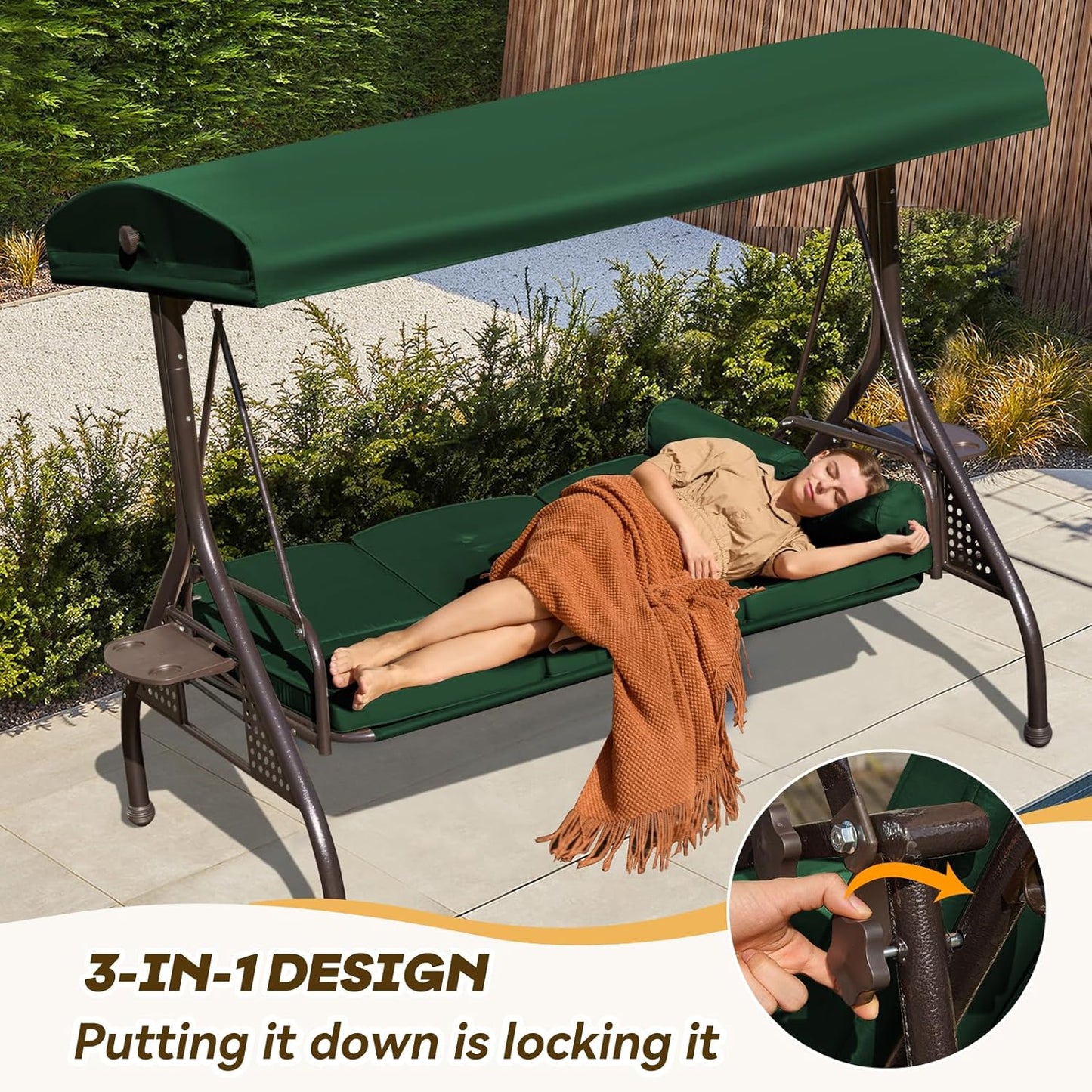 3 in 1 Patio Swing with Adjustable Canopy for Adults, 3 Seat Outdoor Swing with Thickened Cushions,Pillows & Cup Holders for Backyard, Porch, Garden (Green)