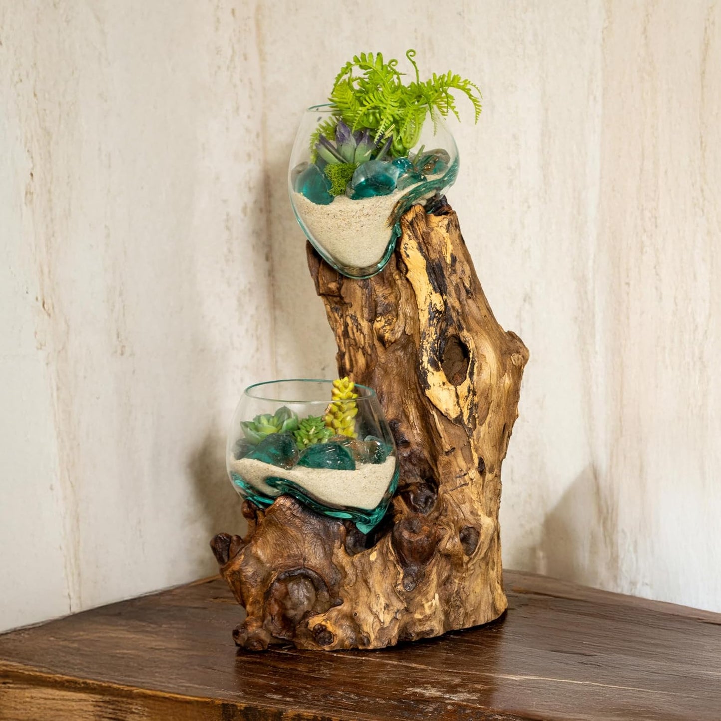 Cape Craftsmen 12" H Hand-Blown Blue Tinted Bubble Glass On Natural Teak Driftwood Terrarium | Home Décor Indoor Planter with Stand | Pot for Succulent and Plants