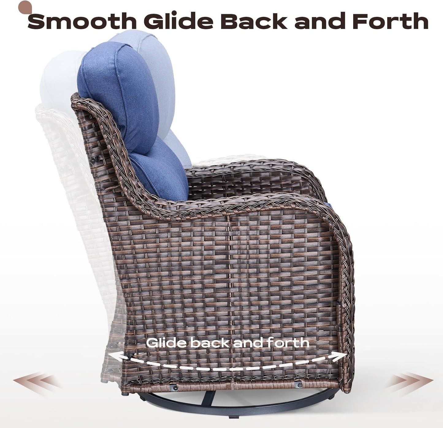 Wicker Outdoor Patio Furniture Set - 4 Piece Patio Conversation Set with Swivel Rocker Chairs and Ottomans, 6 inch Cushions, High Back, Deep Seating, for Porch Deck Garden Brown/Blue