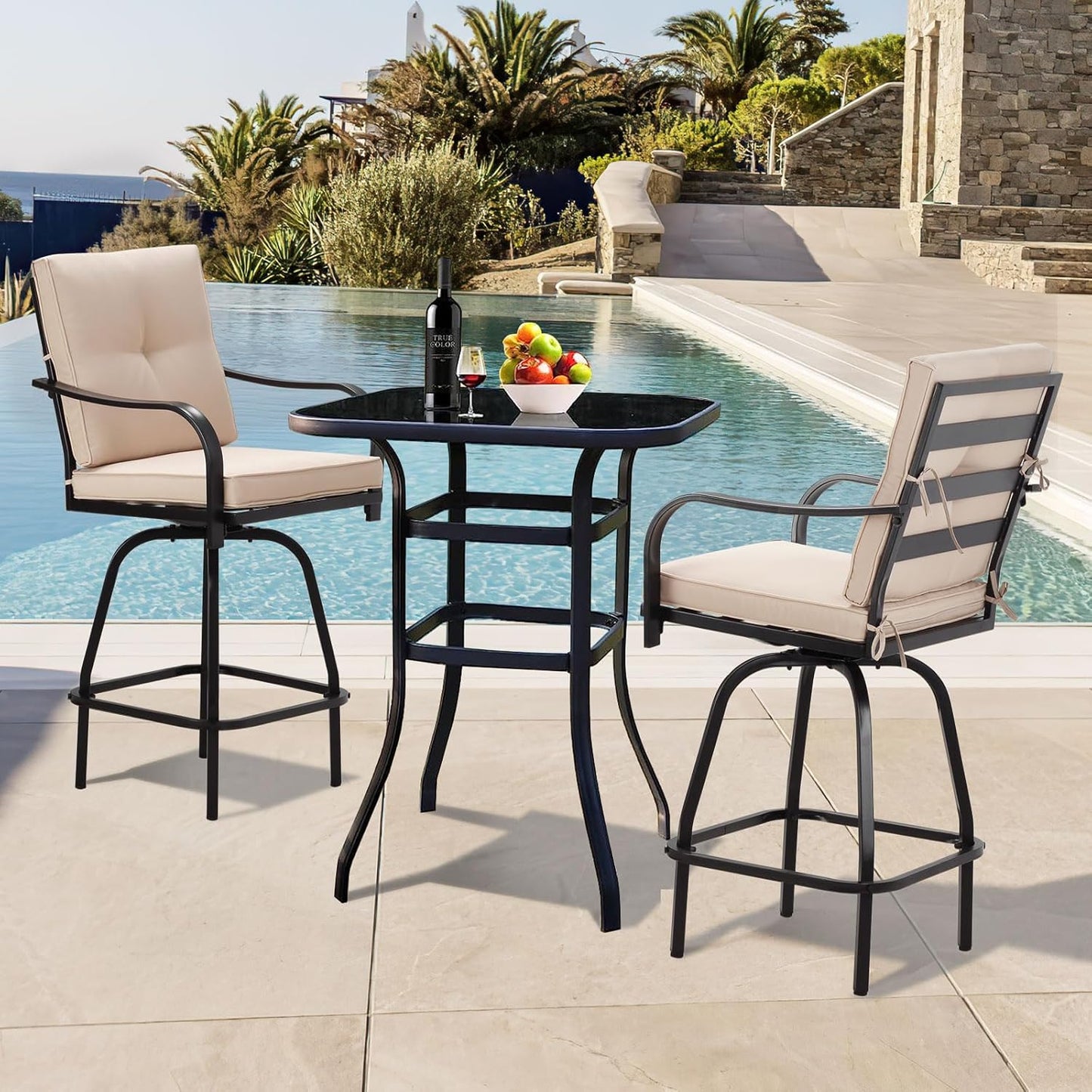 Patio Swivel Bar Stools Set of 2, Outdoor Bar Height Patio Swivel Chairs with Cushion for Garden Balcony Backyard (Beige)